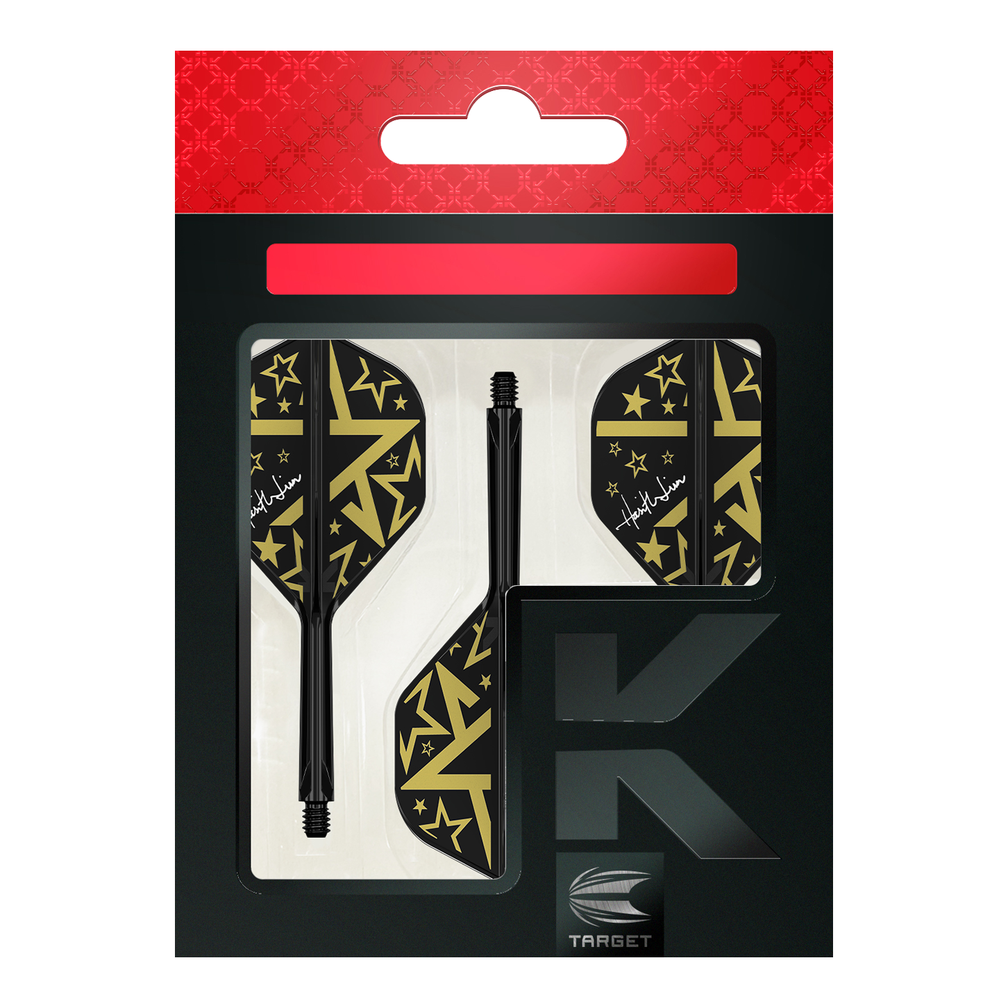 Target Japan K-Flex Hot Shot No2 Sistema di albero di volo standard Das Bild zeigt das Produkt "Target Japan K-Flex Hot Shot No2 Standard Flight-Shaft-System" in seiner Verpackung. Die Flights und Shafts sind schwarz mit goldenen Sternen und Mustern gestaltet.