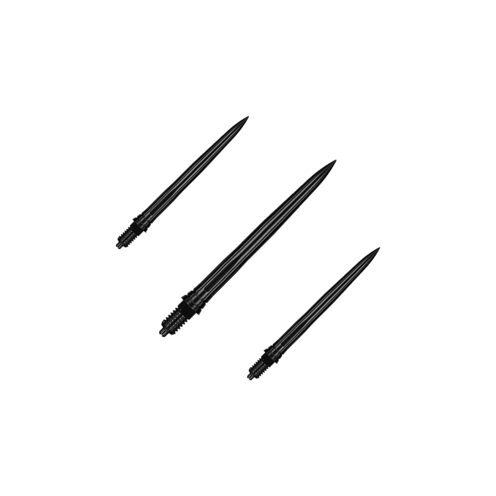 Punte per freccette Caliburn EZ-EVO - Lisce - Nere Hier sind EVO181 Caliburn EZ-EVO Dartspitzen Smooth Schwarz 28mm als Set dargestellt. Die Dartspitzen sind schwarz und haben eine glatte Oberfläche.