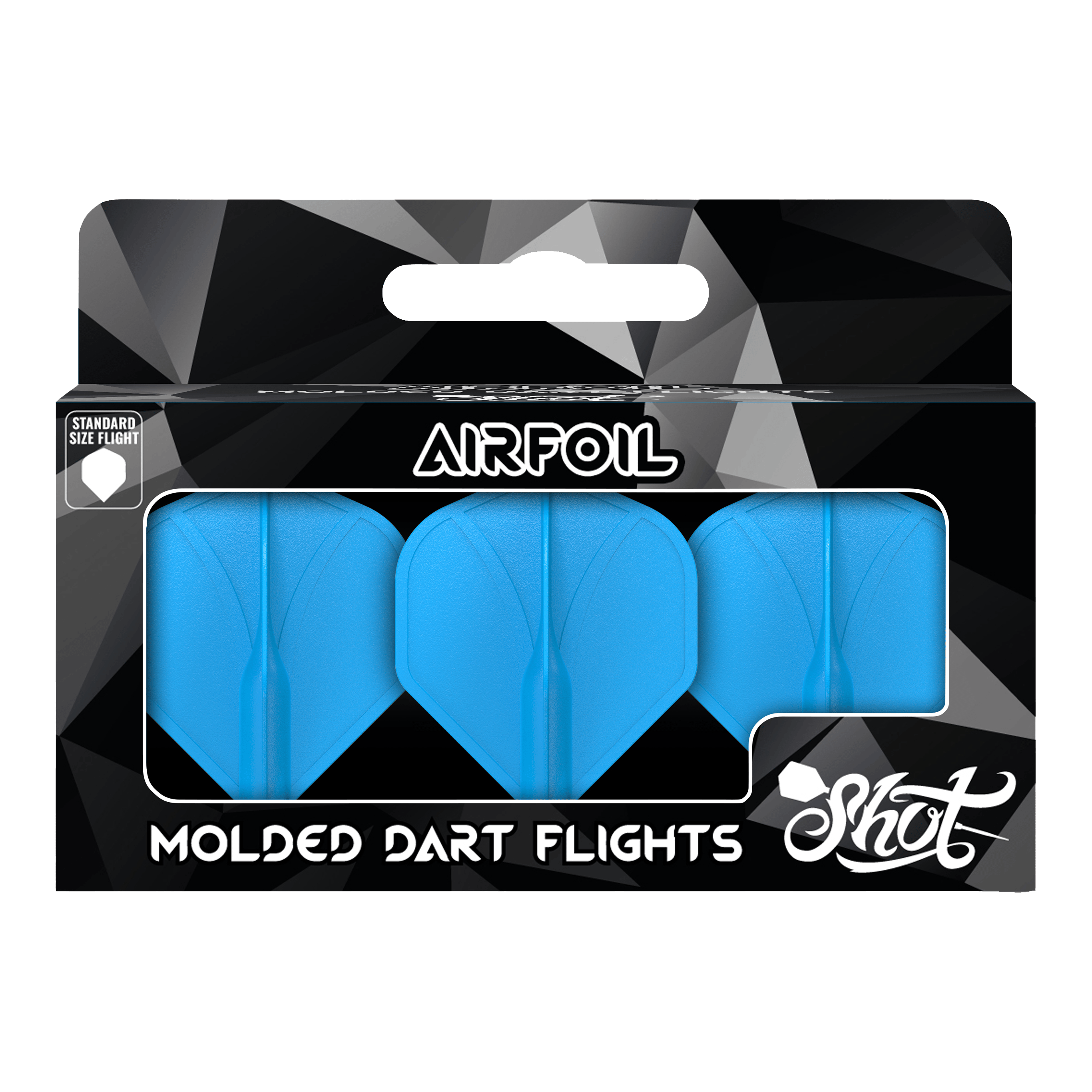 Alette standard n. 2 stampate con profilo alare Shot Das Bild zeigt eine Packung mit drei blauen, geformten Dart-Flights der Marke Shot. Auf der Verpackung steht "Airfoil" und "Molded Dart Flights".