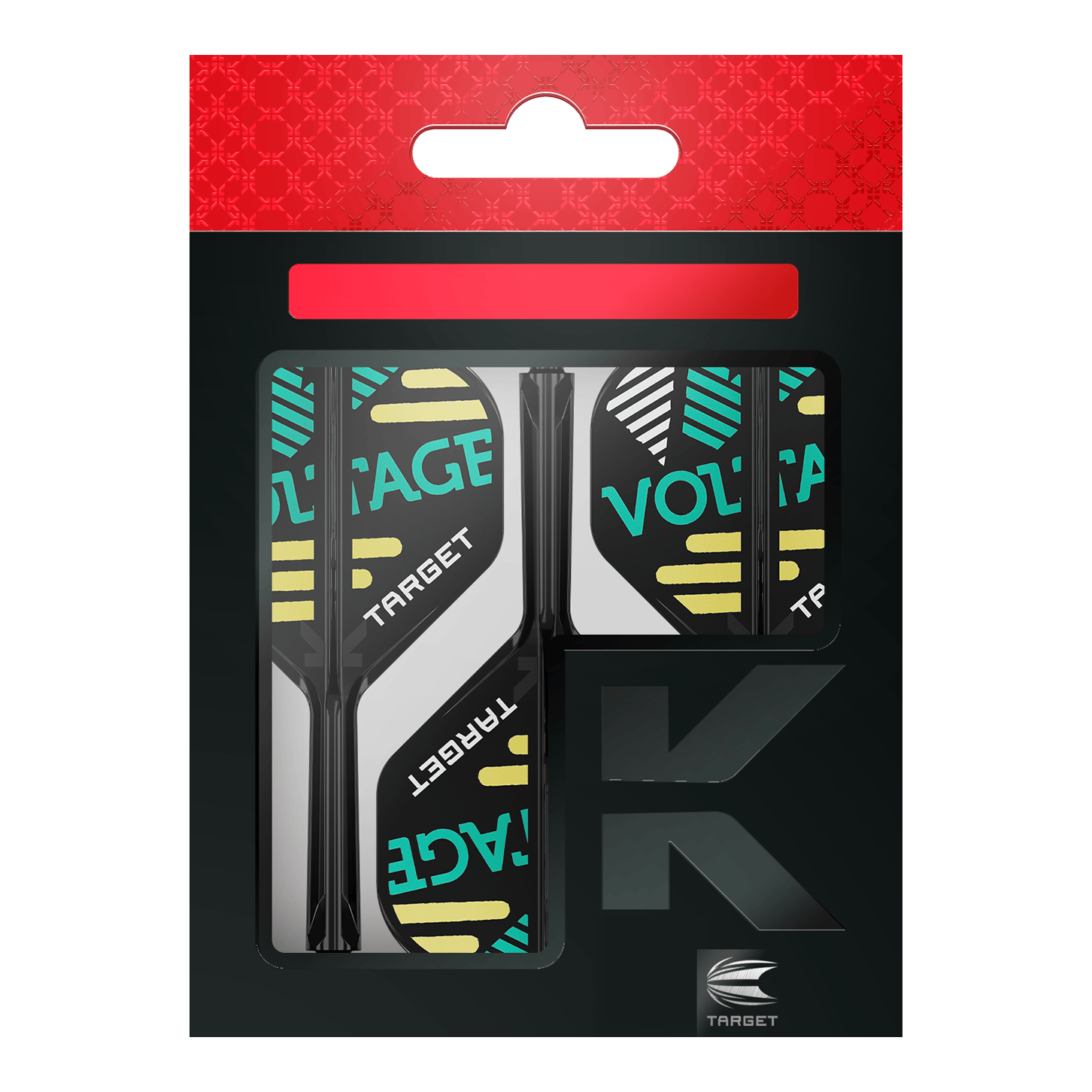 Sistema di alberi di volo standard Target K-Flex Rob Cross No2 Das Bild zeigt eine Verpackung mit Dart-Zubehör der Marke Target. In der Packung sind drei schwarze Flights und Schäfte mit dem Aufdruck "VOLTAGE" zu sehen.