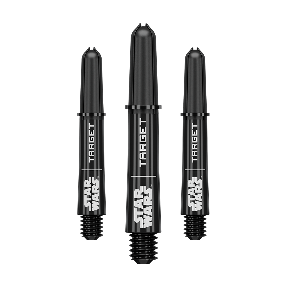 Aste Target Star Wars ProGrip - Nere Abgebildet ist das Produkt mit dem Dateinamen 380420_Target_StarWars_ProGrip_Shafts_Schwarz_Short_34mm_1Set. Vermutlich handelt es sich um schwarze ProGrip Shafts für Darts, Modell Star Wars, in kurzer Ausführung.