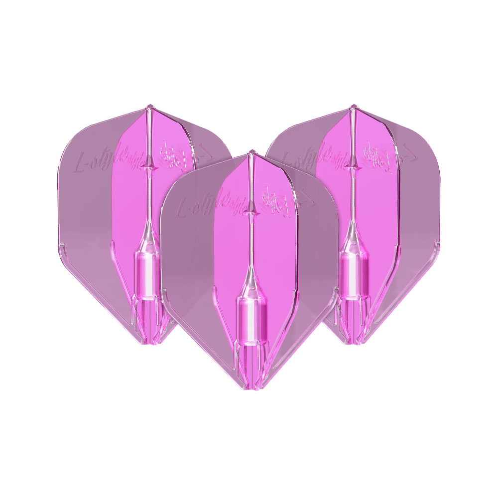 Alette L-Style Fantom L3EZ rosa trasparente Das Bild zeigt drei klare, pinke Dartflights des Modells "L-Style Fantom L3EZ". Die Flights sind transparent und haben eine leuchtend pinke Farbe.