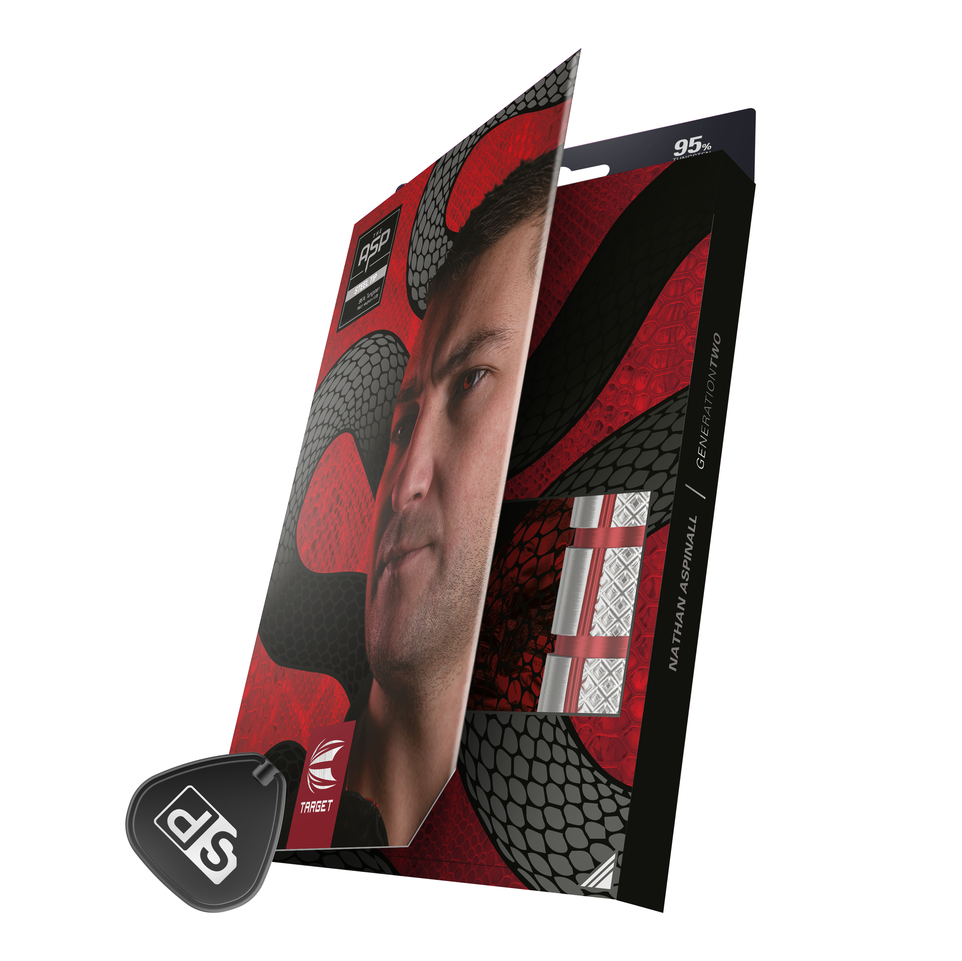 Freccette in acciaio Target Nathan Aspinall GEN2 Swiss Point Auf der Verpackung sind Target Steeldarts mit einem auffälligen roten und schwarzen Design zu sehen. Die Packung zeigt auch ein Porträt eines Mannes und den Namen "Nathan Aspinall".