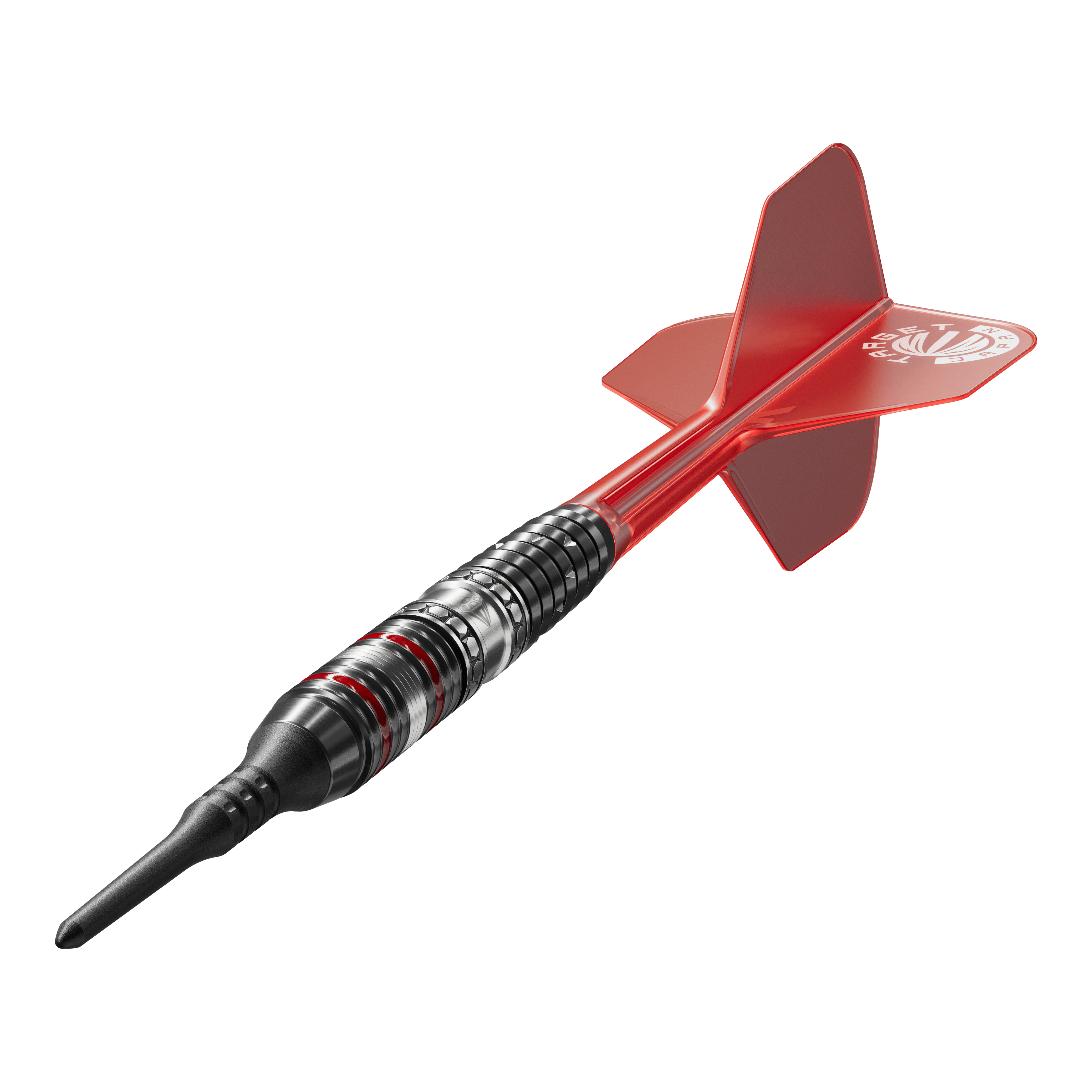 Freccette morbide Target Japan Prime Series Diamond GEN3 - 18 g Das Bild zeigt einen Softdart der Serie "Target Japan Prime Series Diamond GEN3" mit einem Gewicht von 18g. Der Dart ist schwarz-silbern mit roten Akzenten und hat eine rote Flights.