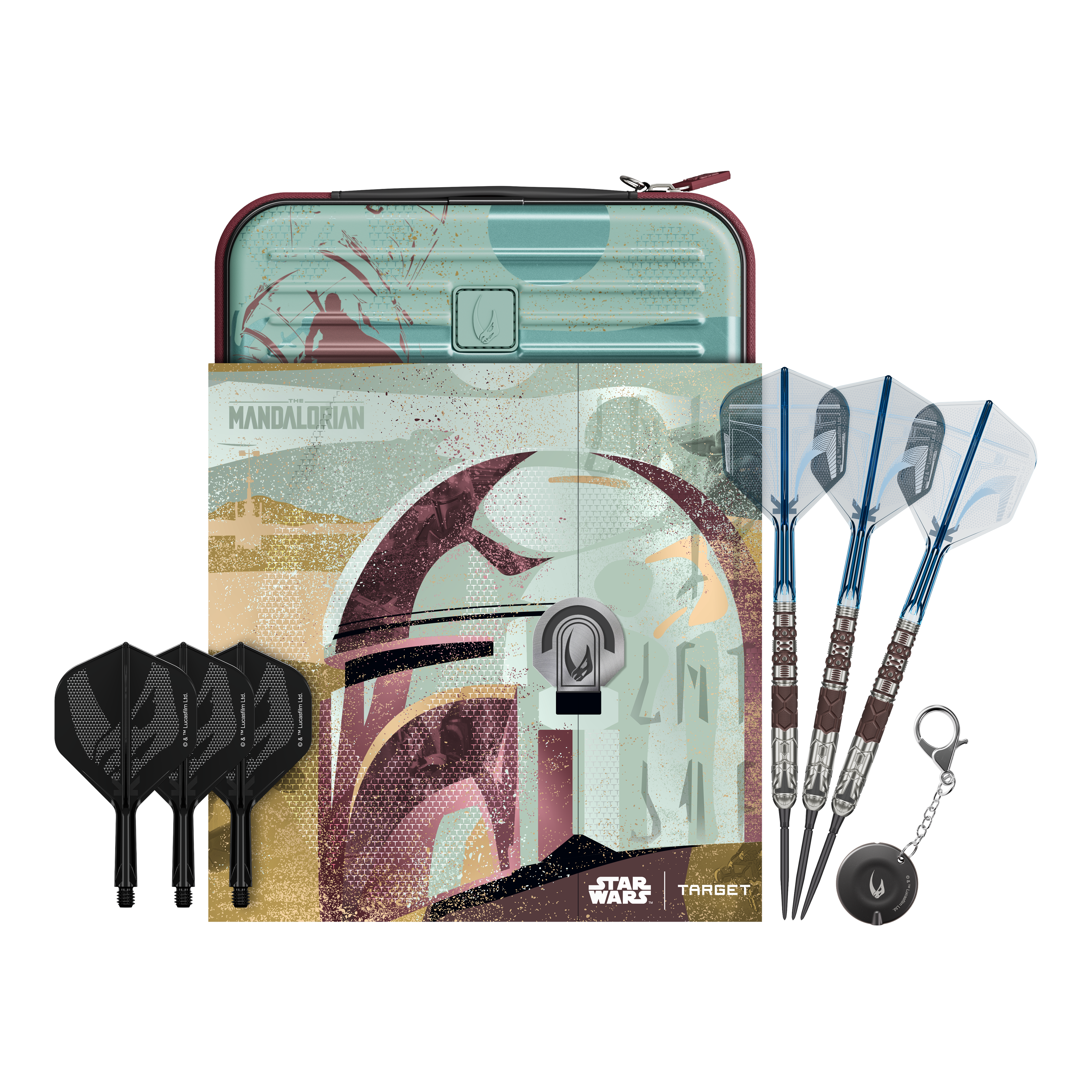 Dardi in acciaio Target Star Wars Mandalorian 95 Swiss Point Abgebildet sind Target Star Wars Mandalorian 95 Swiss Point Steeldarts. Diese Darts haben ein einzigartiges Mandalorian-Design.