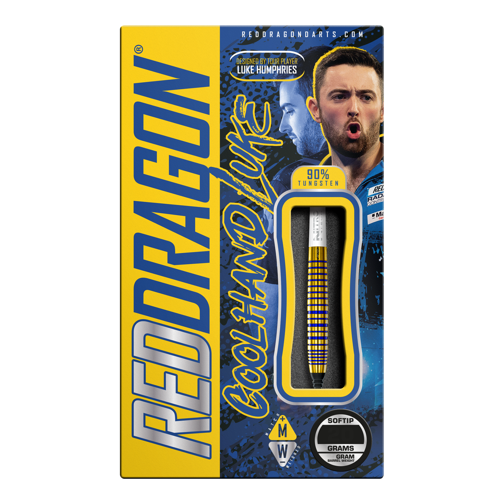 Freccette morbide Red Dragon Luke Humphries TX3 Gold SE - 20 g Die Verpackung zeigt die "Red Dragon Luke Humphries TX3 Gold SE Softdarts - 20g". Auf der Box sind ein Dartpfeil, das Bild eines Spielers und auffällige gelbe und blaue Grafiken zu sehen.