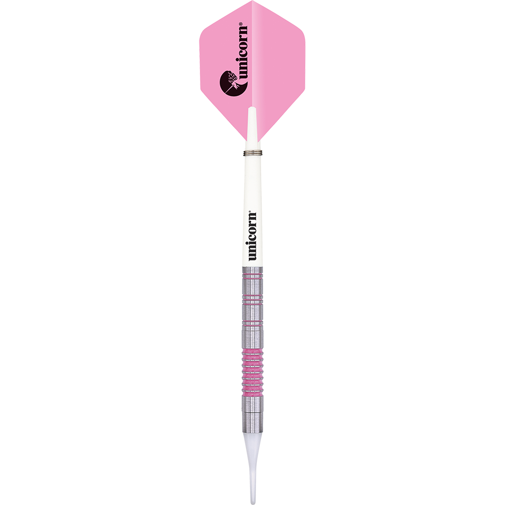 06033_Unicorn_Autograph_Softdarts_1nZM6WqPDc0wUz Das Bild zeigt einen Softdart der Marke Unicorn mit einem Gewicht von 19g. Der Dart hat eine pinke Flugfeder und einen silbernen Schaft mit pinken Akzenten.