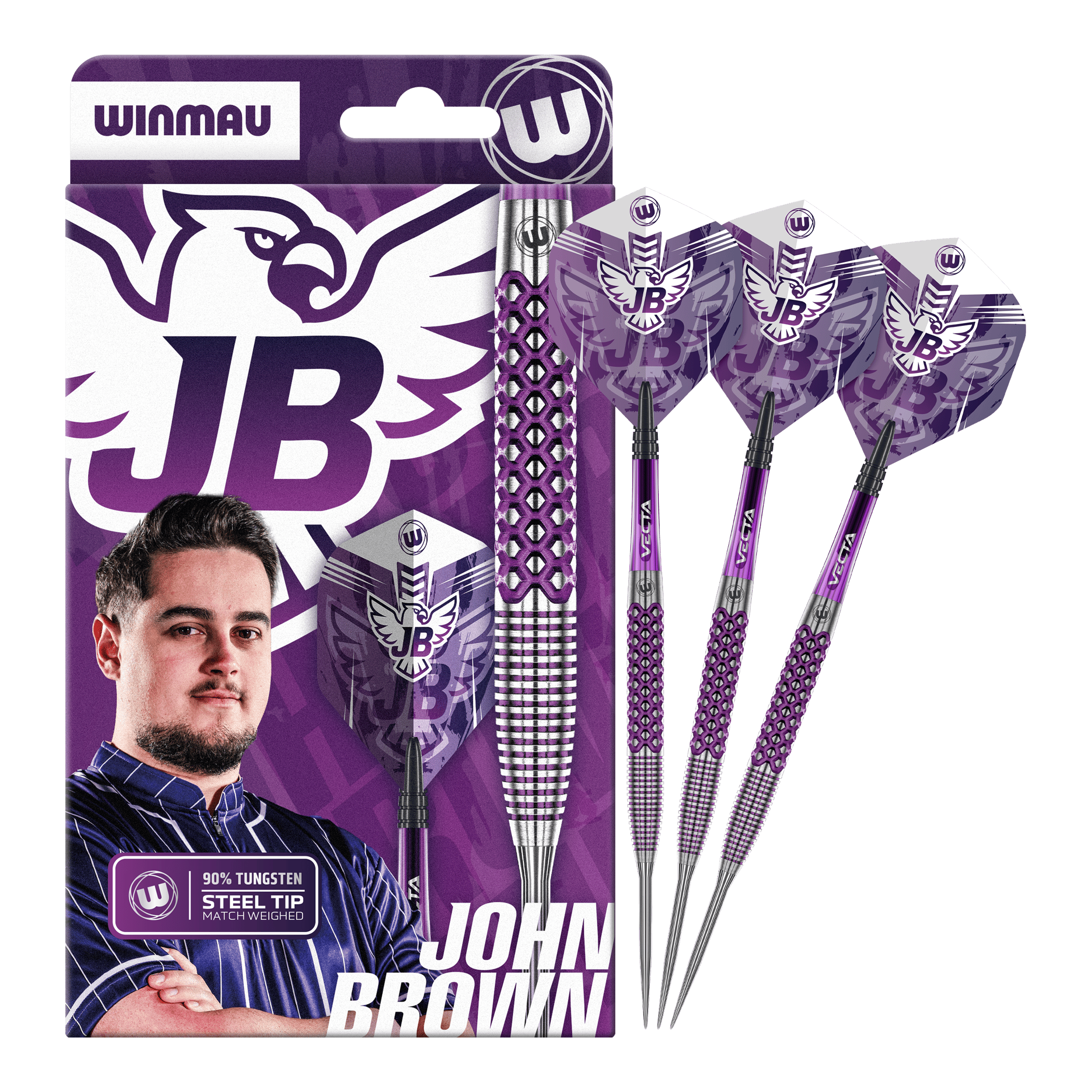 Zu sehen ist das komplette Winmau John Brown Signature Edition Steeldarts - 23g Set. Dieses Produkt steht für Präzision und Qualität im Dartspiel.