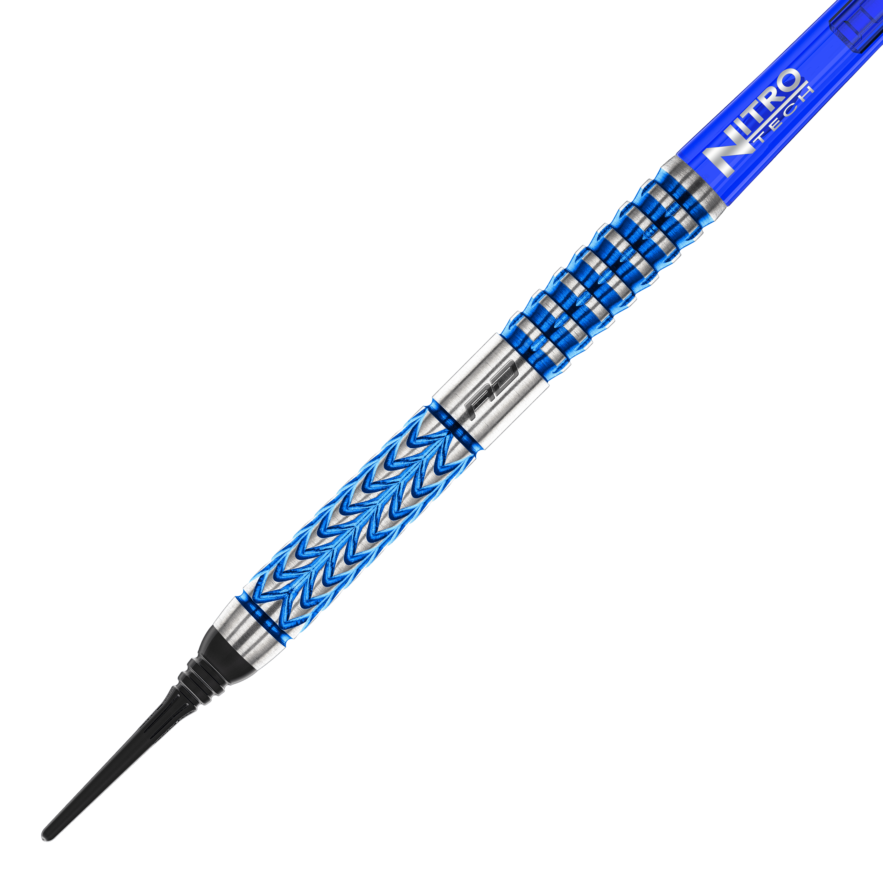 Freccette morbide Red Dragon Gerwyn Price Glacier - 18 g Das Bild zeigt einen Red Dragon Gerwyn Price Glacier Softdart mit einem Gewicht von 18g. Der Dart hat ein auffälliges blau-silbernes Design und eine schwarze Kunststoffspitze.