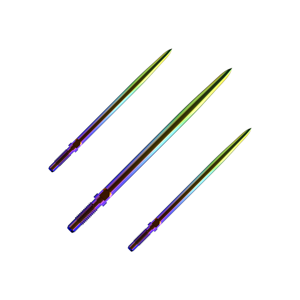 Punte per freccette convertibili Bulls NL - Lisce - Arcobaleno Ein Bild mit dem Dateinamen BU57716_BullsNL_Convertible_Points_Smooth_Rainbow_36mm_1Set. Es zeigt wahrscheinlich ein Set von Dartspitzen in Regenbogenfarben.