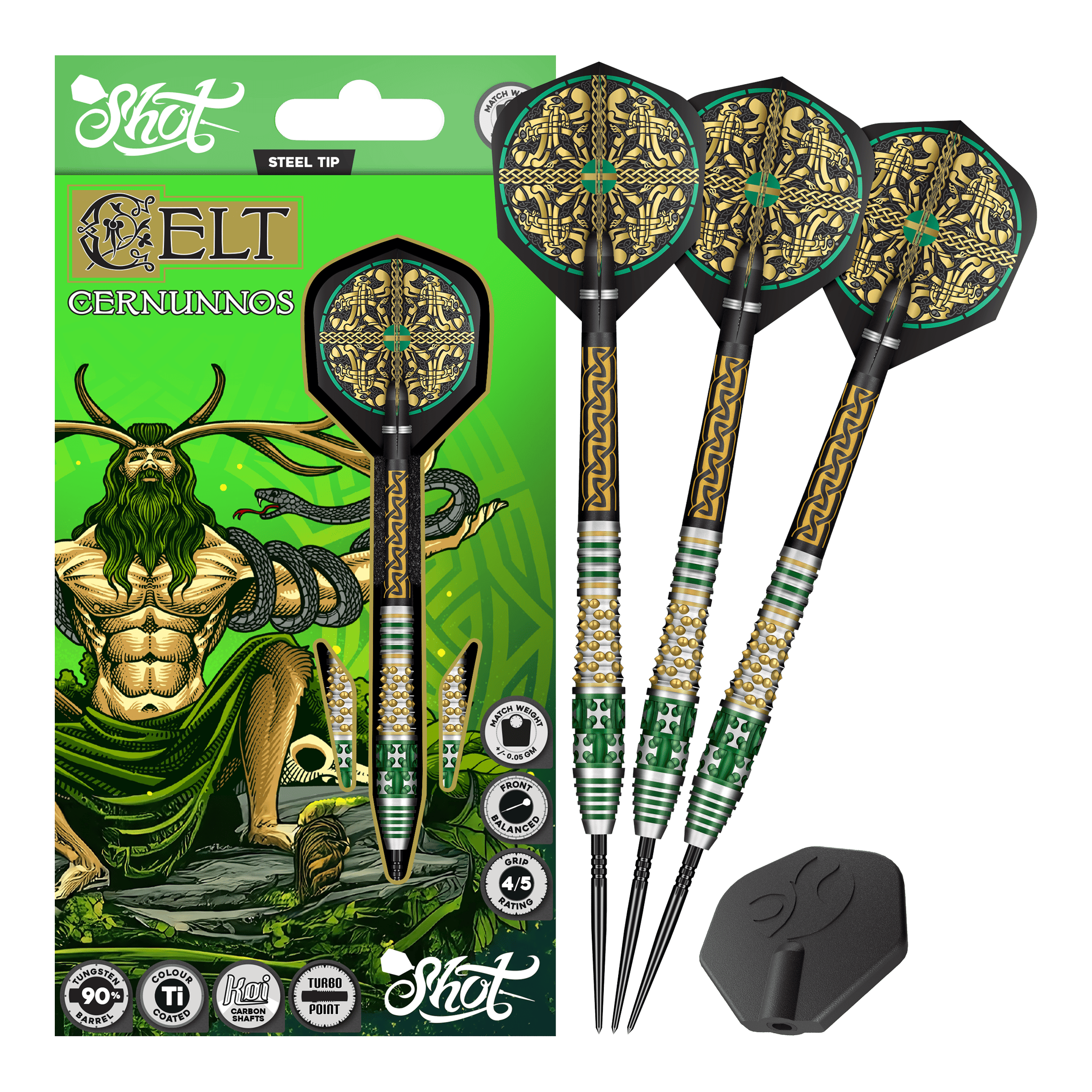 Das Produktfoto zeigt mehrere Shot Celt Cernunnos TurboPoints Steeldarts. Die Darts sind als Gruppe abgebildet.