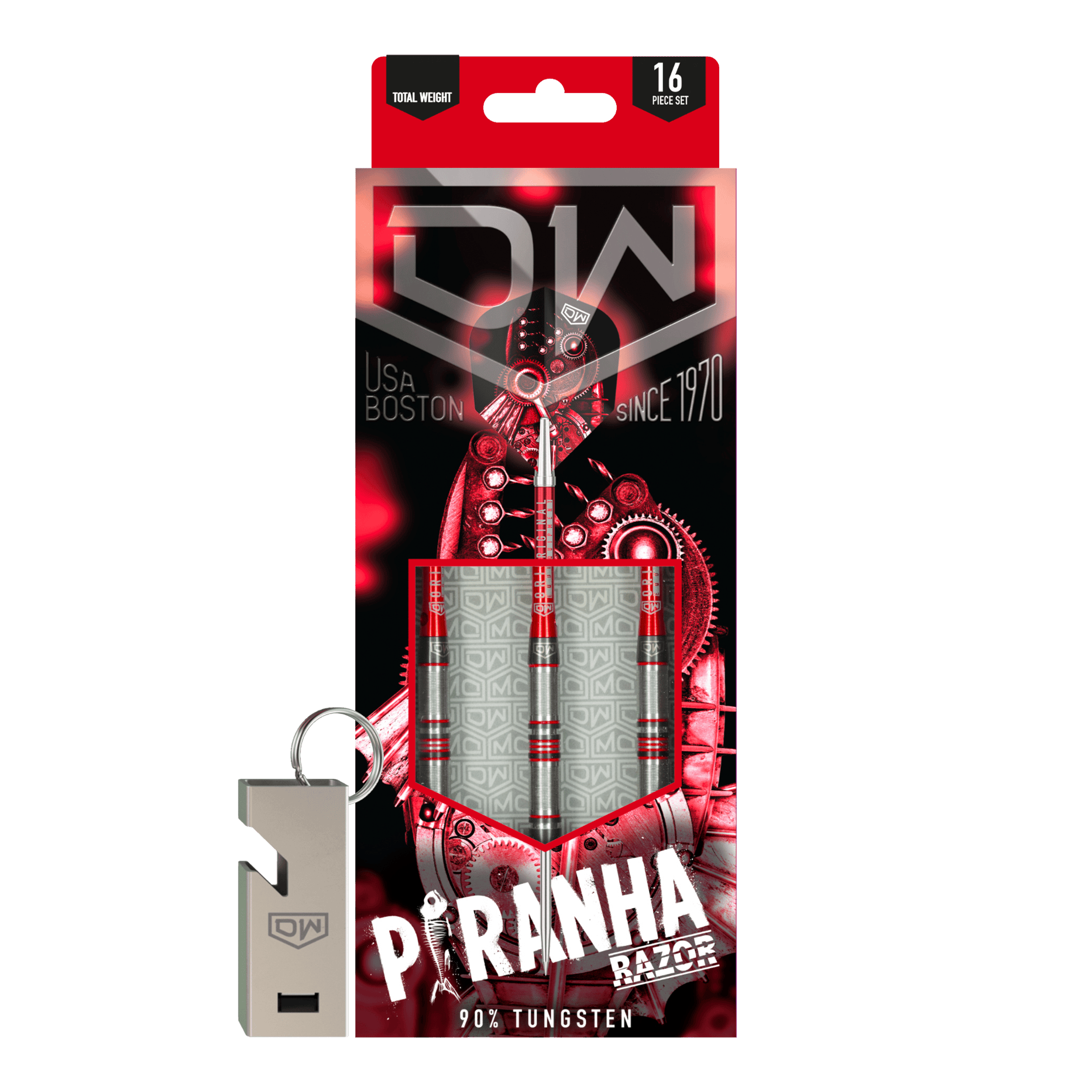Freccette in acciaio DW Piranha Razor 01 Das Bild zeigt die Verpackung der "DW Piranha Razor 01 Steeldarts". In der Packung sind drei Darts aus 90% Tungsten und ein silberner Schlüsselanhänger enthalten.