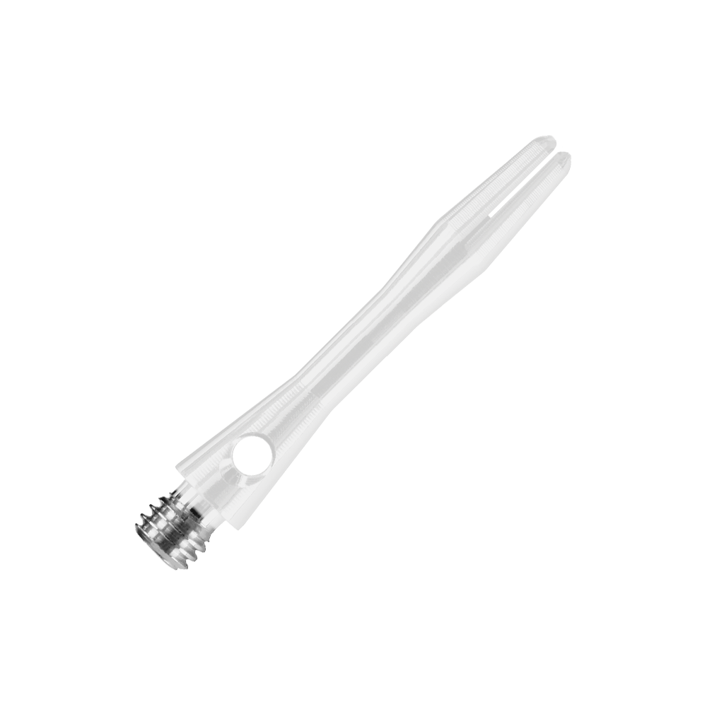 HR372_Harrows_Keramic_Shafts_Weiss_35mm_2 Das Bild zeigt einen weißen Harrows Keramic Shaft für Dartpfeile. Der Schaft hat ein glattes, leicht durchsichtiges Design mit einem Metallgewinde am Ende.