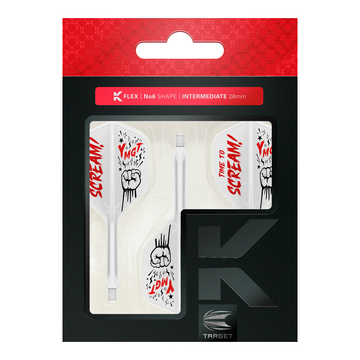Sistema di albero di volo Target Japan K-Flex Scream No6 Das Bild zeigt das Produkt „Target Japan K-Flex Scream No6 Flight-Shaft-System“ in seiner Verpackung. Die Flights sind weiß mit roten und schwarzen Grafiken und dem Schriftzug „TIME TO SCREAM!“.