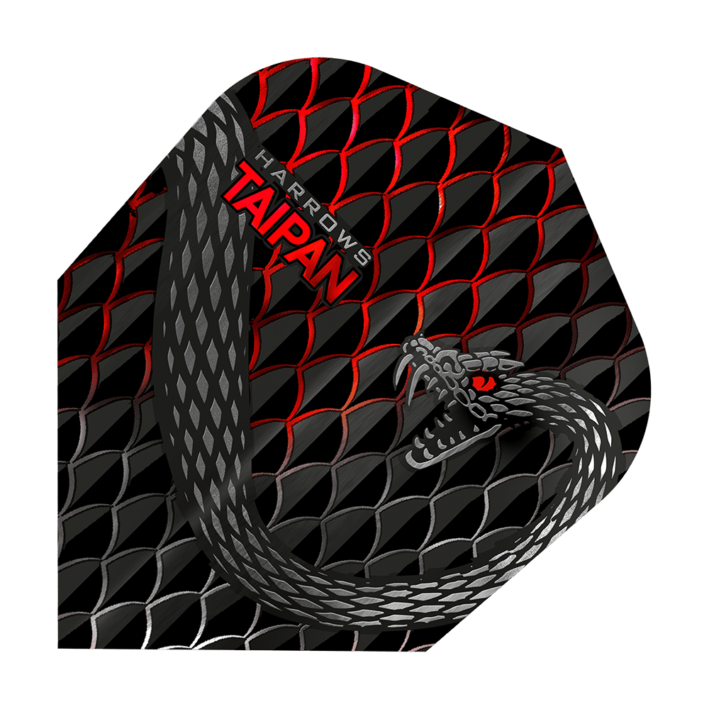 HR27_Harrows_Taipan_Rot_Standard_Flights_1 Das Bild zeigt das Produkt "Harrows Taipan Standard Flights" mit einem auffälligen Schlangendesign. Die Oberfläche ist mit schwarzen und roten Schuppenmustern sowie einer gezeichneten Schlange verziert.