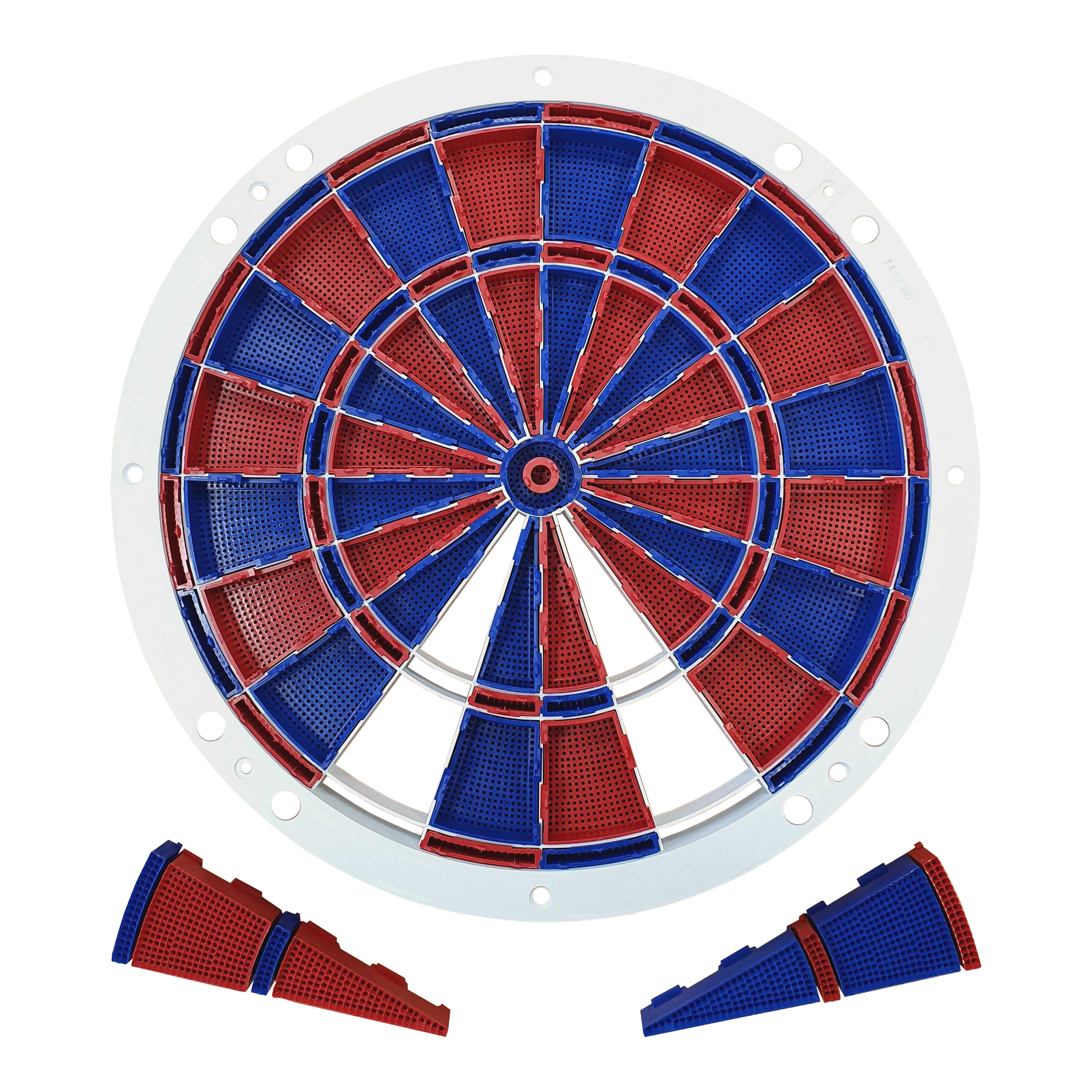 Ricambi Löwen Dart 82 segmenti e set di ragni Auf dem Bild ist ein Ersatzteil-Set für eine elektronische Dartscheibe zu sehen. Die Segmente sind abwechselnd rot und blau gefärbt und werden von einem weißen Rahmen gehalten.