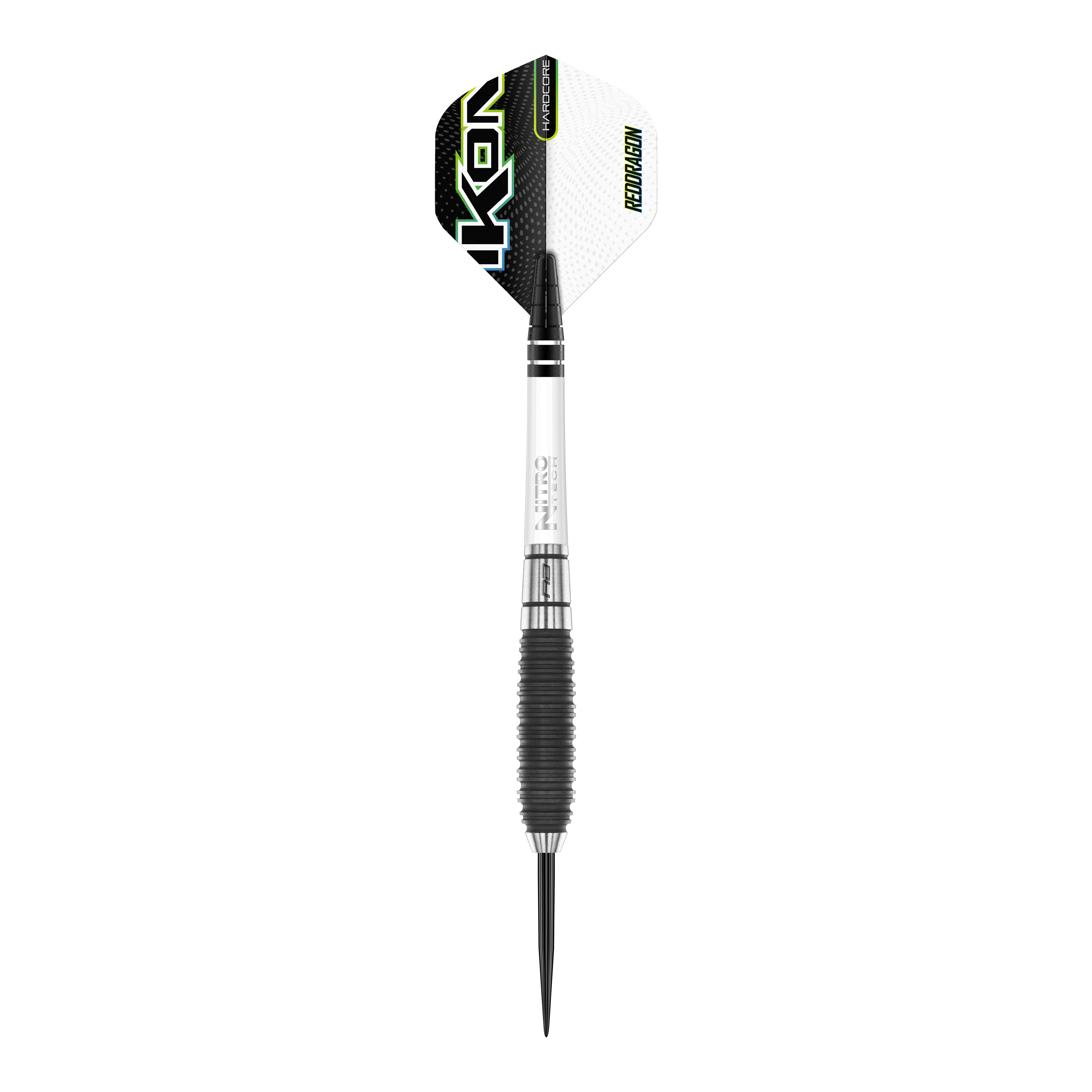 Red Dragon Ikon 3 Steeldarts Das Bild zeigt einen Red Dragon Ikon 3 Steeldart. Der Dart ist schwarz, silber und weiß gestaltet, mit einem markanten Schriftzug auf den Flights.