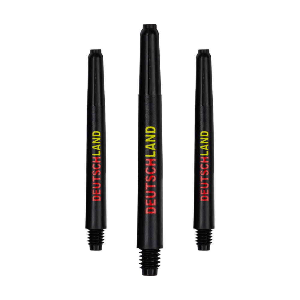 792_Nylon_Shafts_Deutschland_48mm_1 Das Bild zeigt drei schwarze Nylon-Schäfte mit der Aufschrift "DEUTSCHLAND" in den Farben Gelb und Rot. Die Schäfte sind in verschiedenen Längen dargestellt.