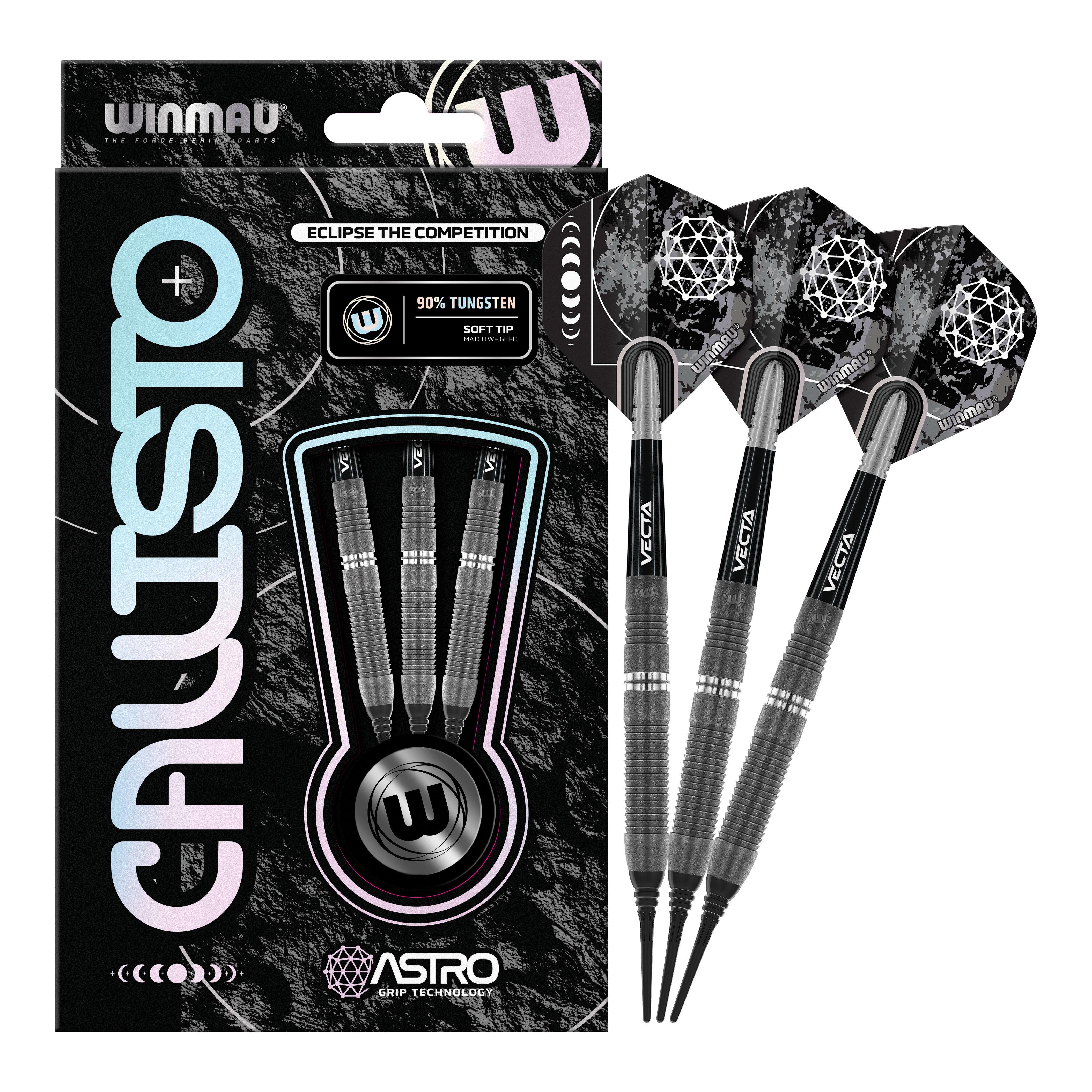 Freccette morbide Winmau Callisto 03 - 20 g Das Bild zeigt die Winmau Callisto 03 Softdarts mit einem Gewicht von 20g. Die Verpackung enthält drei schwarze Softdarts mit auffälligen Flights und dem Hinweis auf 90% Tungsten.