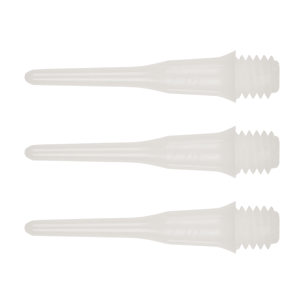 SLIP-W-Short_Lippoints_50er_White_1 Das Bild zeigt drei kurze, durchsichtige Spitzen mit Gewinde. Es handelt sich um "Short Lippoints" aus einer 50er Packung für Dartpfeile.