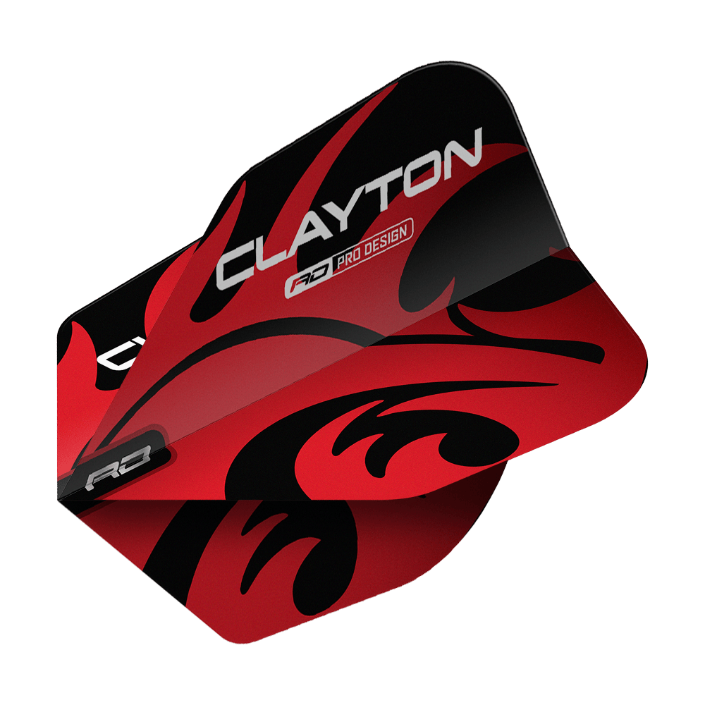 Voli Red Dragon Jonny Clayton Red Black No6 Das Bild zeigt ein Dart-Flight mit dem Produktnamen "Red Dragon Jonny Clayton Red Black No6 Flights". Das Flight ist rot und schwarz gestaltet und trägt den Schriftzug „CLAYTON“.