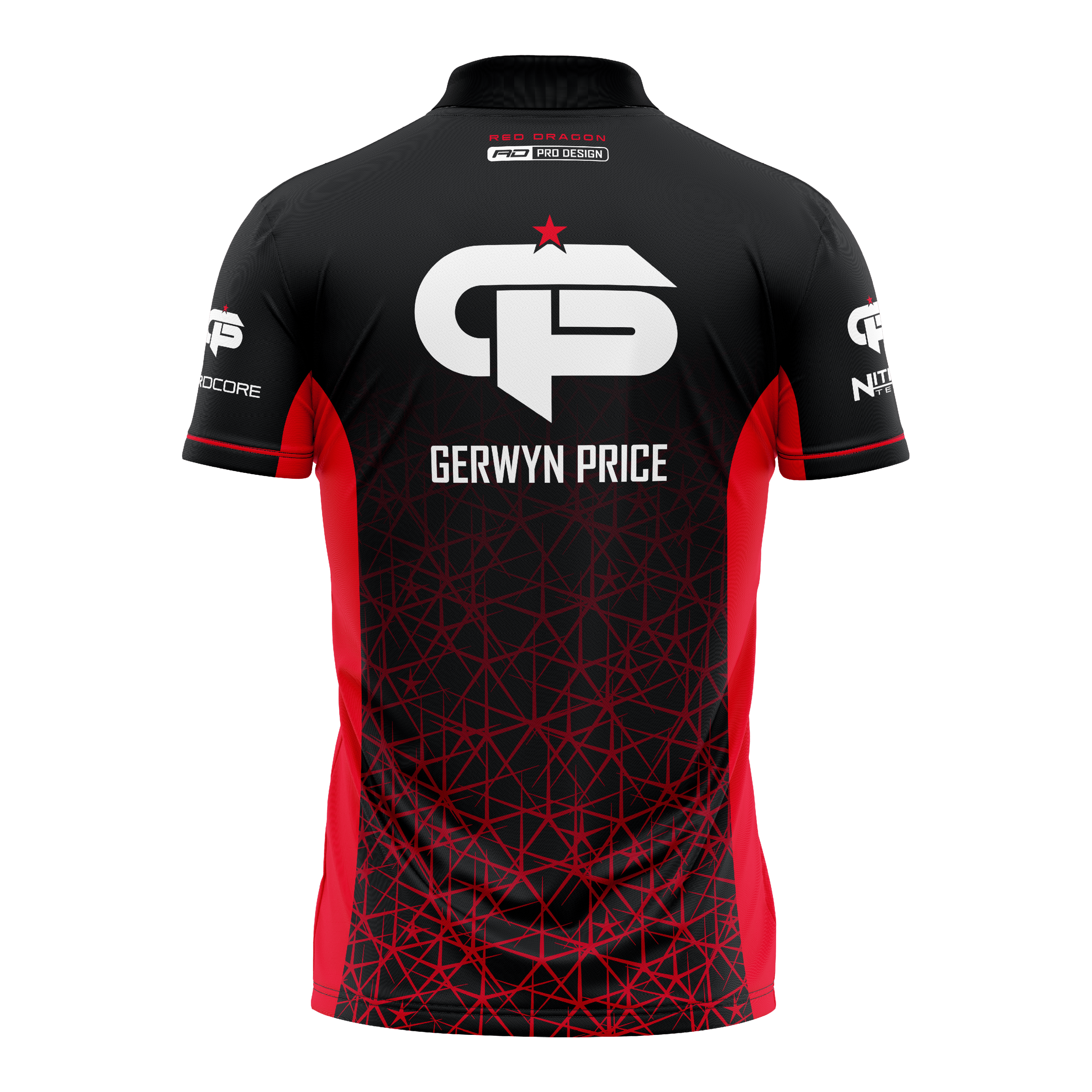 Maglia da freccette polo rossa Tour Gerwyn Price Red Dragon Dies ist ein schwarzes und rotes Dartshirt mit dem Namen "Gerwyn Price" auf dem Rücken. Auf dem Shirt befindet sich ein großes weißes Logo und geometrische rote Muster.