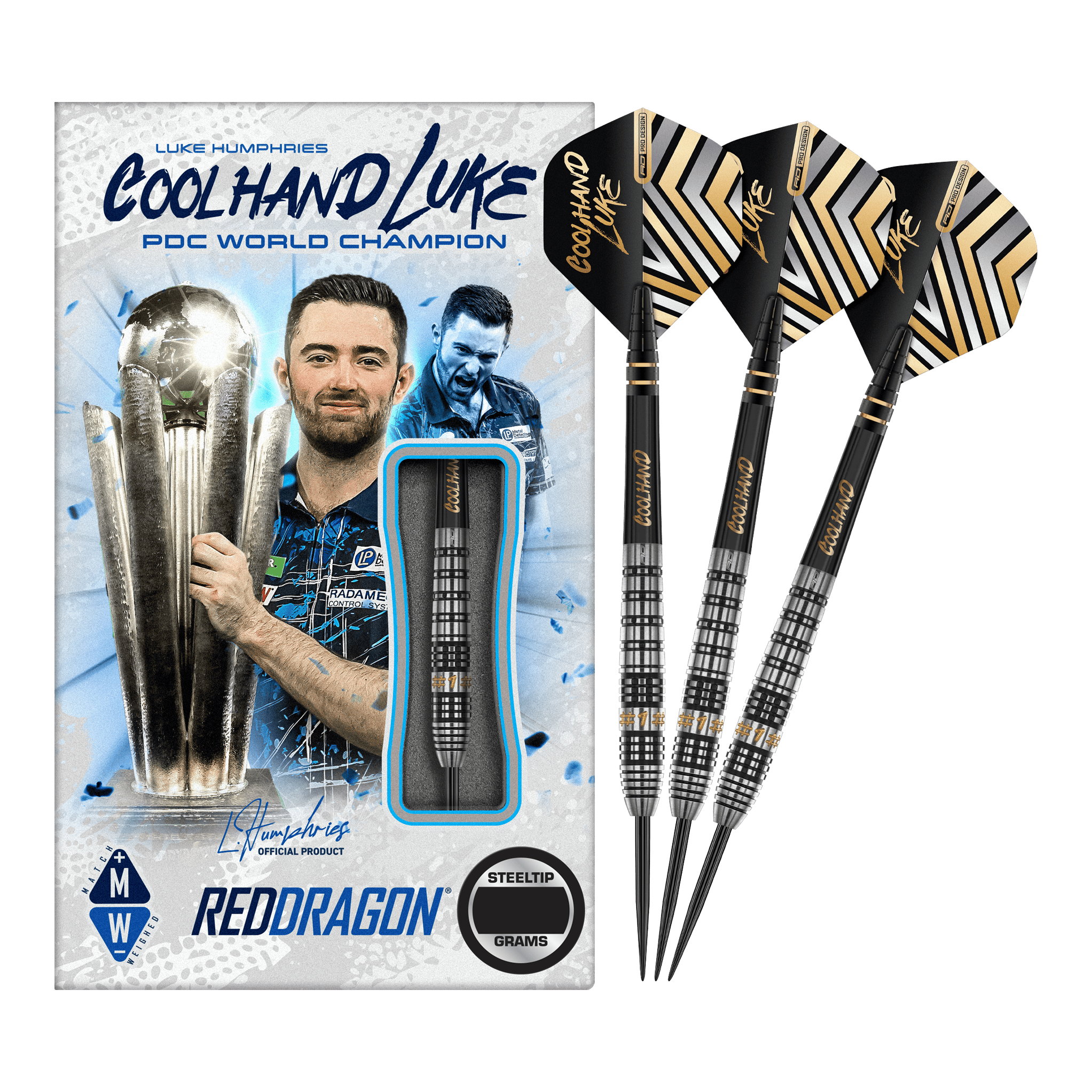 Freccette in acciaio Prestige Red Dragon Luke Humphries Das Bild zeigt eine Packung "Red Dragon Luke Humphries Prestige Steeldarts" mit einem Bild von Luke Humphries als PDC Weltmeister. Neben der Verpackung sind drei schwarz-silberne Steeldarts mit speziellen Flights abgebildet.