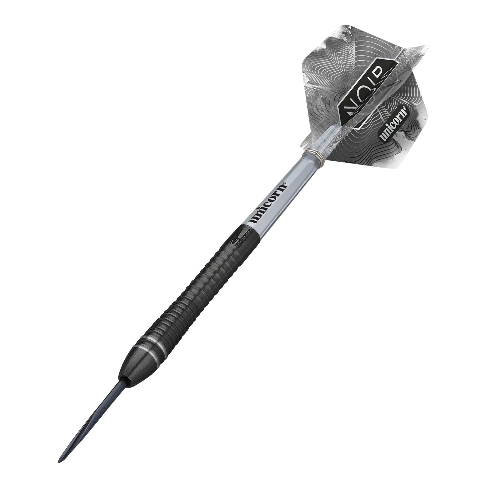 Campione del mondo Unicorn Gary Anderson Noir Fase 6 Steeldarts Das Bild zeigt einen Steeldart aus der Produktreihe „Unicorn World Champion Gary Anderson Noir Phase 6“. Der Dart hat ein modernes, schwarzes Design mit silbernen Akzenten und individuell gestaltetem Flight.