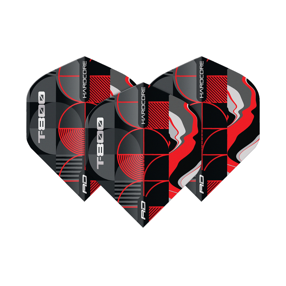 Das Bild zeigt die Red Dragon Hardcore T-800 No2 Standard Flights. Die Dart-Flights sind schwarz, rot, grau und weiß gemustert und tragen die Aufschrift "T800" und "HARDCORE".