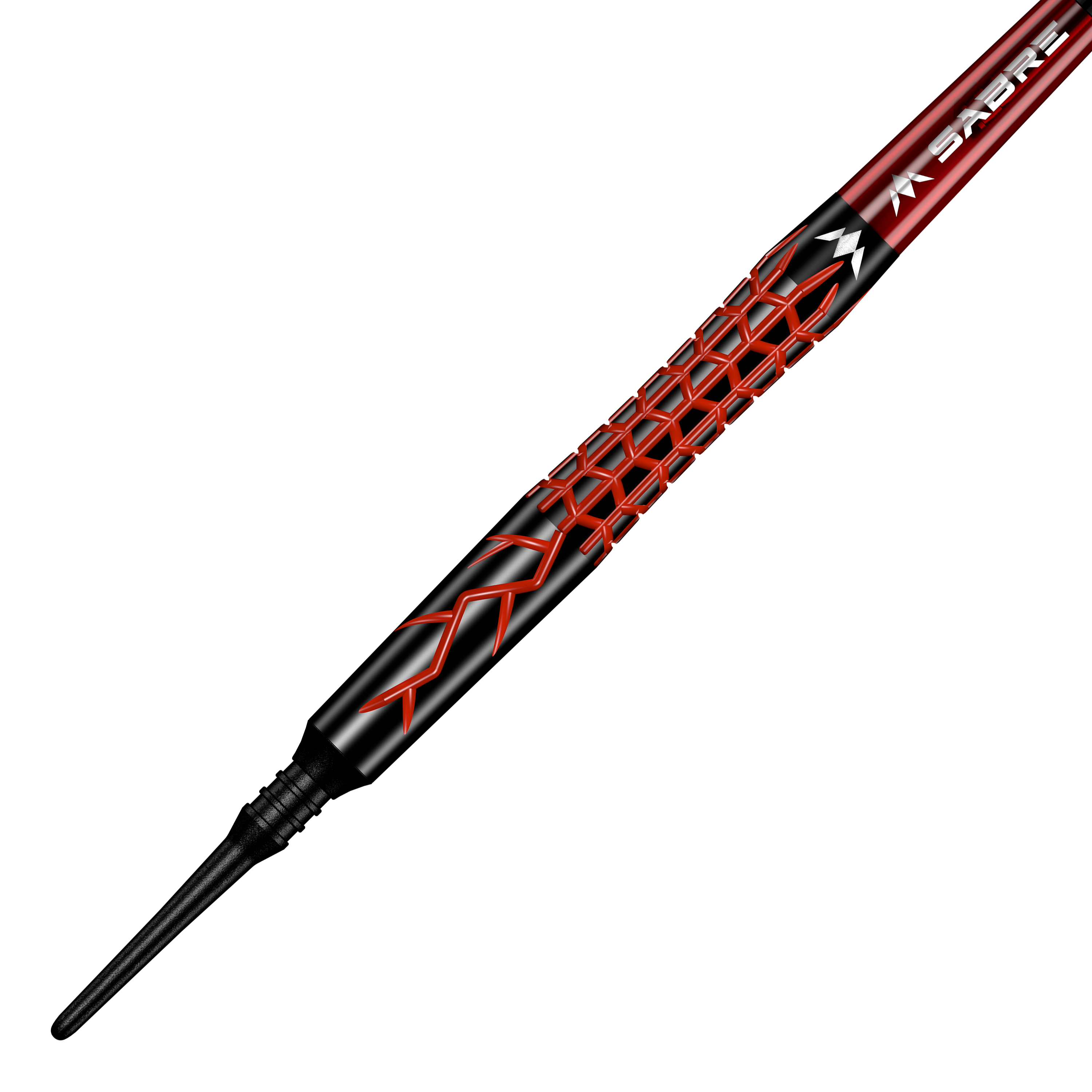 Freccette morbide Mission Lava - 20 g Das Bild zeigt den Mission Lava Softdart mit einem Gewicht von 20 Gramm. Der Dartpfeil hat ein auffälliges schwarzes und rotes Design mit geometrischem Muster auf dem Griff.