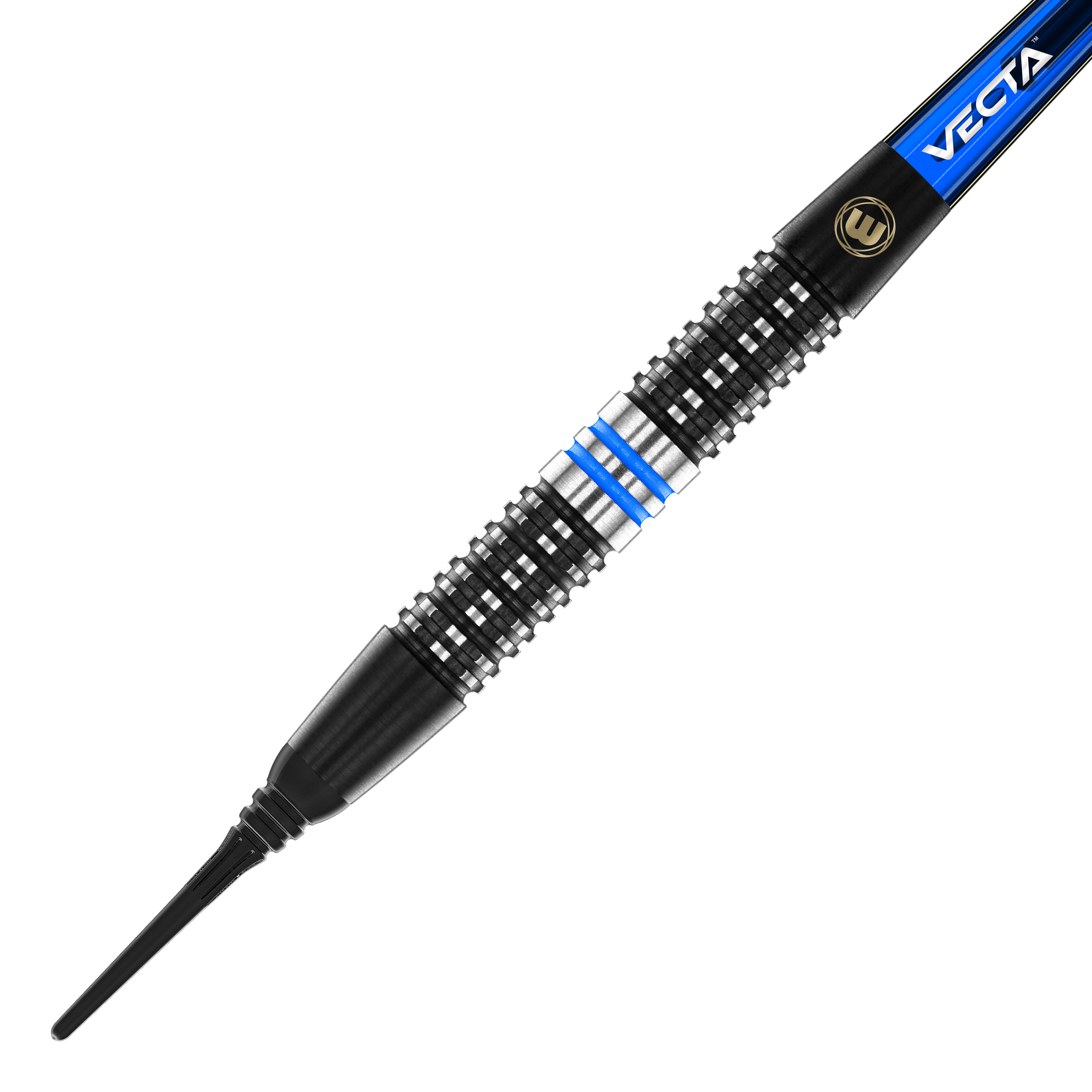 Freccette morbide Winmau Galactics - 20 g Das Bild zeigt einen Winmau Galactics Softdart mit einem Gewicht von 20 Gramm. Der Dart hat ein schwarzes Griffteil mit silbernen und blauen Akzenten.