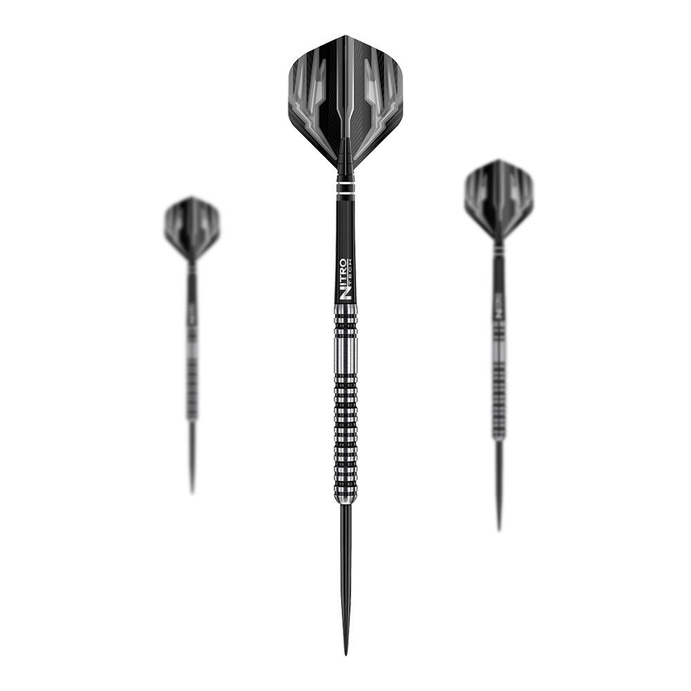 Red Dragon Dragonfly 3 Steeldarts Das Bild zeigt drei Steeldarts des Modells "Red Dragon Dragonfly 3". Die Darts haben ein schwarz-silbernes Design mit strukturiertem Griff.