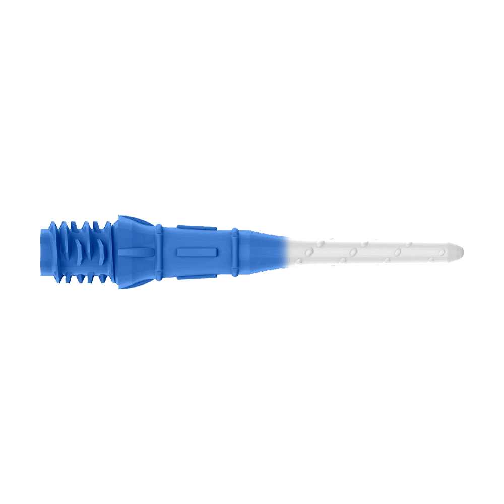 L-Style Premium Two Tone Lippoints (confezione da 30) Das Bild zeigt eine Dartspitze mit zwei Farben, dunkelblau und weiß. Der hintere Teil ist dunkelblau, während der vordere Teil weiß ist.