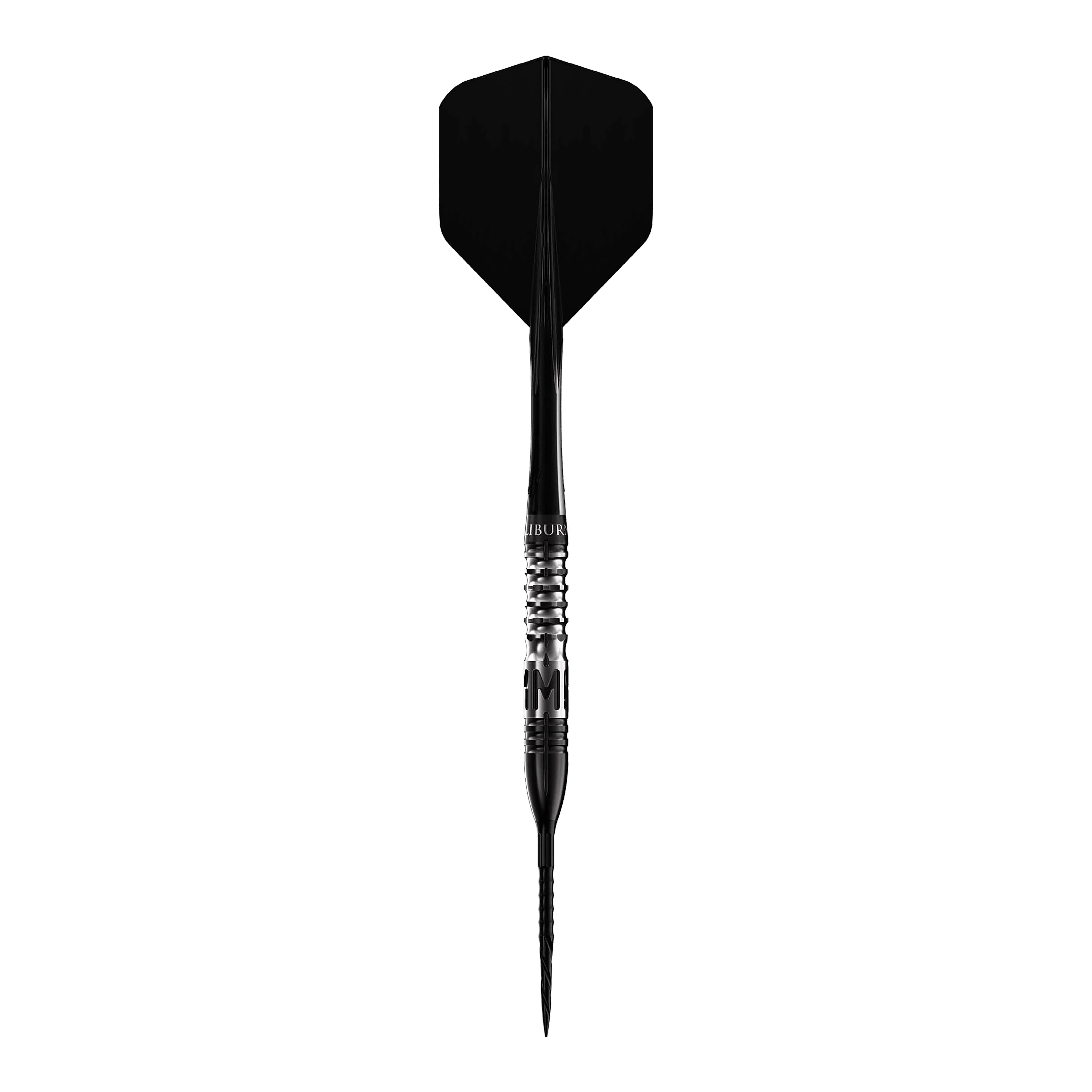 Freccette in acciaio Caliburn Player MAK Das Bild zeigt einen Steeldart mit schwarzer Spitze und schwarzer Flugfahne. Es handelt sich um das Produkt "Caliburn Player MAK Steeldarts - 23,5g".