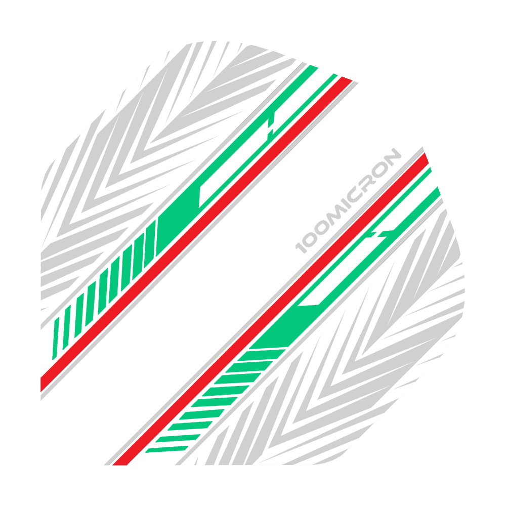 Voli Pentathlon bianchi/verdi/rossi Das Bild zeigt einen Pentathlon White Green Red No2 Standard Flight für Darts. Das Design besteht aus weißen, grünen und roten Streifen sowie grauen Pfeilmustern auf weißem Hintergrund.