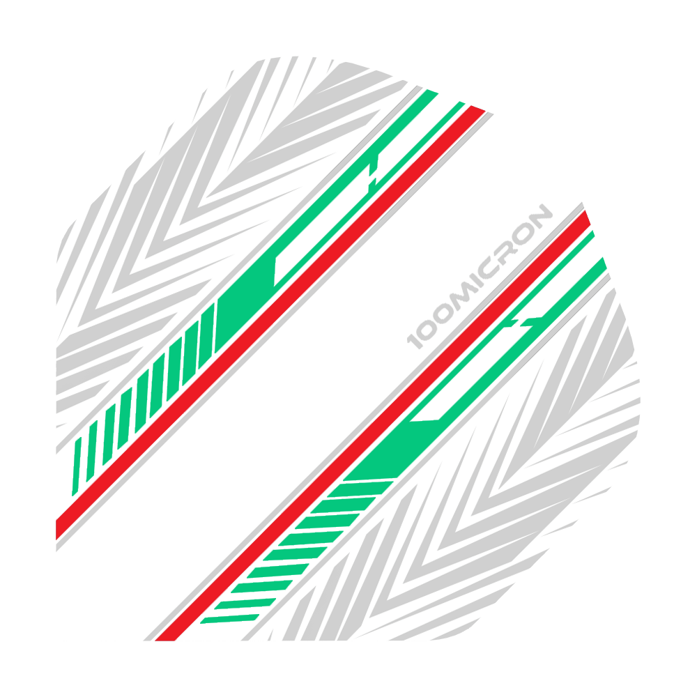 Voli Pentathlon bianchi/verdi/rossi Pentathlon Flights weiß/ farbig/ rot sind einzeln abgebildet. Die Flights zeigen drei verschiedene Farben.