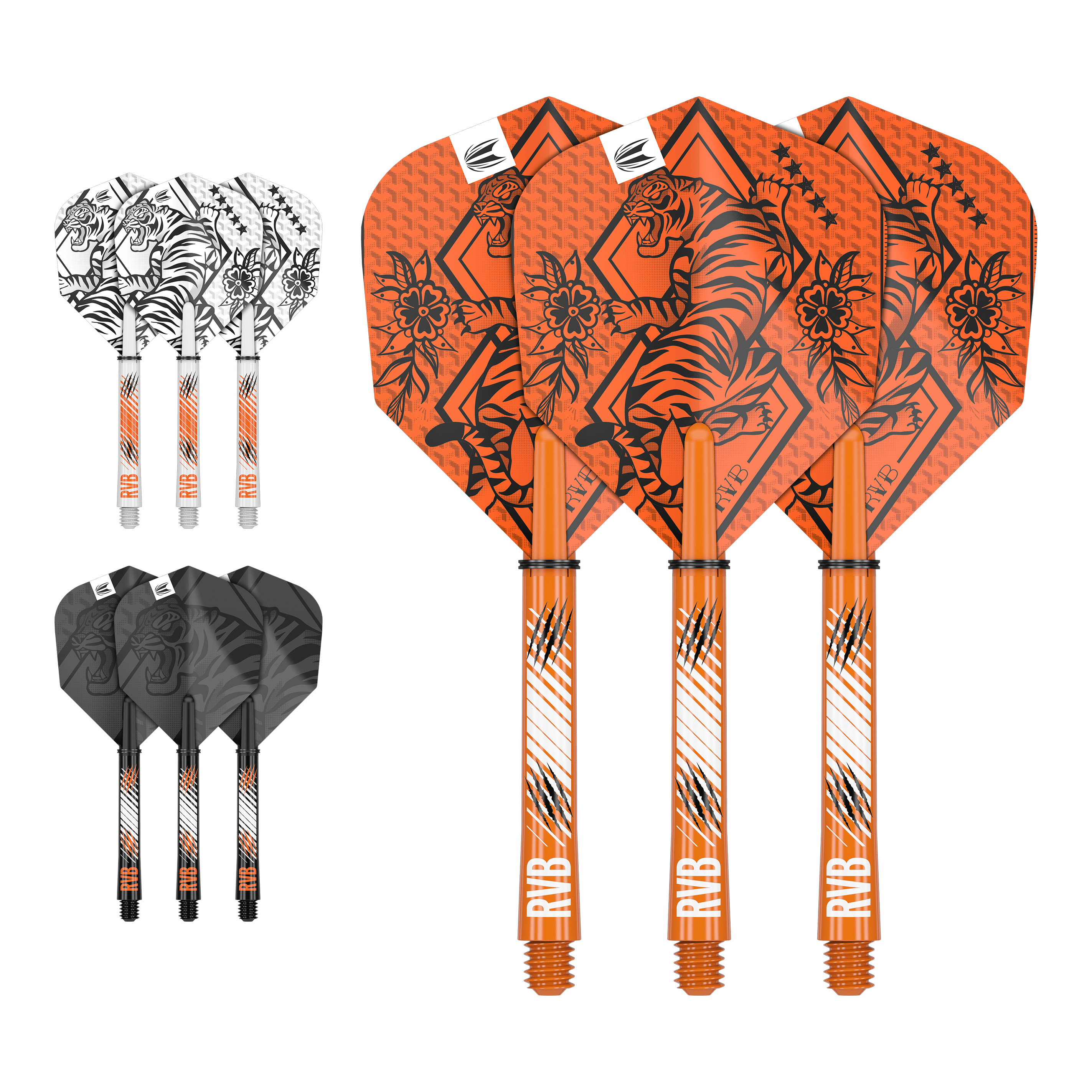 Kit albero di volo dell'inchiostro Target Raymond Van Barneveld Auf dem Bild sind drei Sets von Dart-Flights und Schäften in den Farben Orange, Weiß und Schwarz zu sehen. Jedes Set ist mit einem Tiger-Design und den Initialen "RVB" verziert.