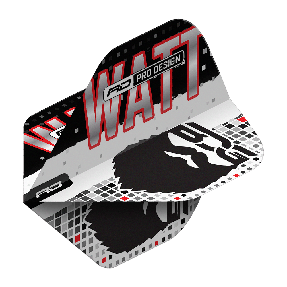 Red Dragon Hardcore Jason Watt BDG Premium No2 Voli Standard Das Bild zeigt die Red Dragon Hardcore Jason Watt BDG Premium No2 Standard Flights. Das Design ist in Schwarz, Weiß und Rot gehalten und trägt den Schriftzug "WATT" sowie eine stilisierte Grafik.
