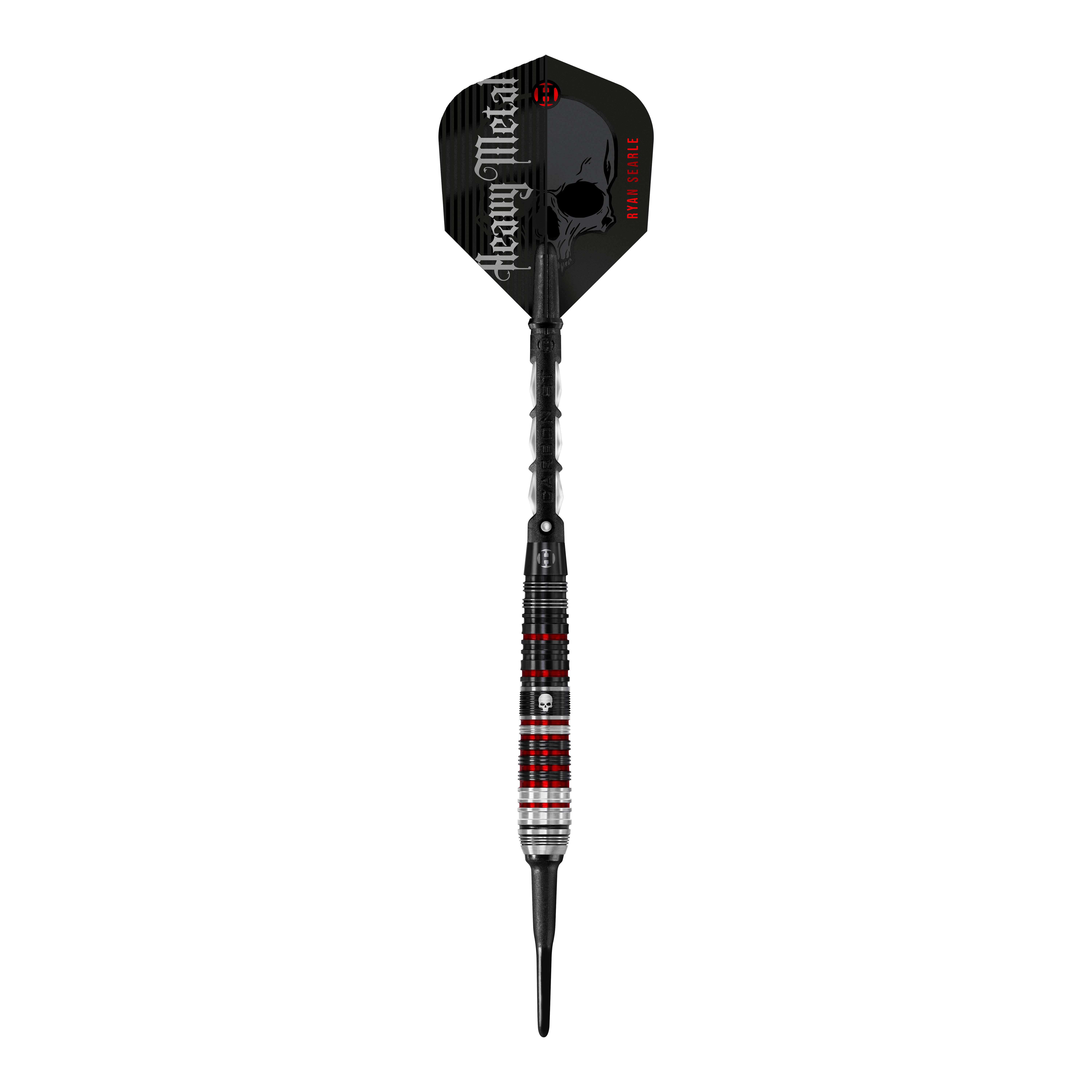 Das Bild zeigt einen Harrows Ryan Searle Heavy Metal Series 2 Softdart. Der Dartpfeil hat ein auffälliges Design mit schwarzen, roten und silbernen Akzenten sowie der Aufschrift "Heavy Metal" auf dem Flight.