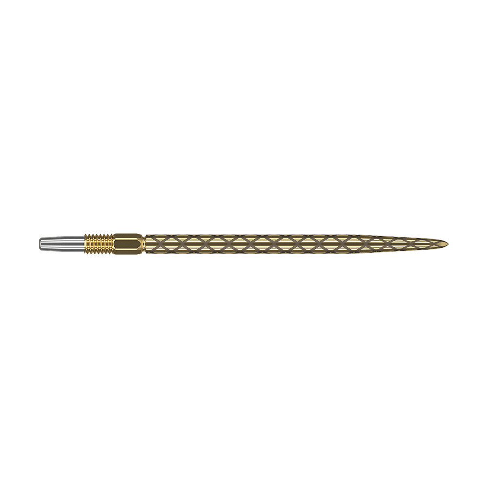 Punte per freccette Target Swiss Diamond Pro Gold Das Bild zeigt eine goldene Dartspitze mit einem diamantförmigen Muster. Die Spitze ist schmal und hat am vorderen Ende einen silbernen Bereich.
