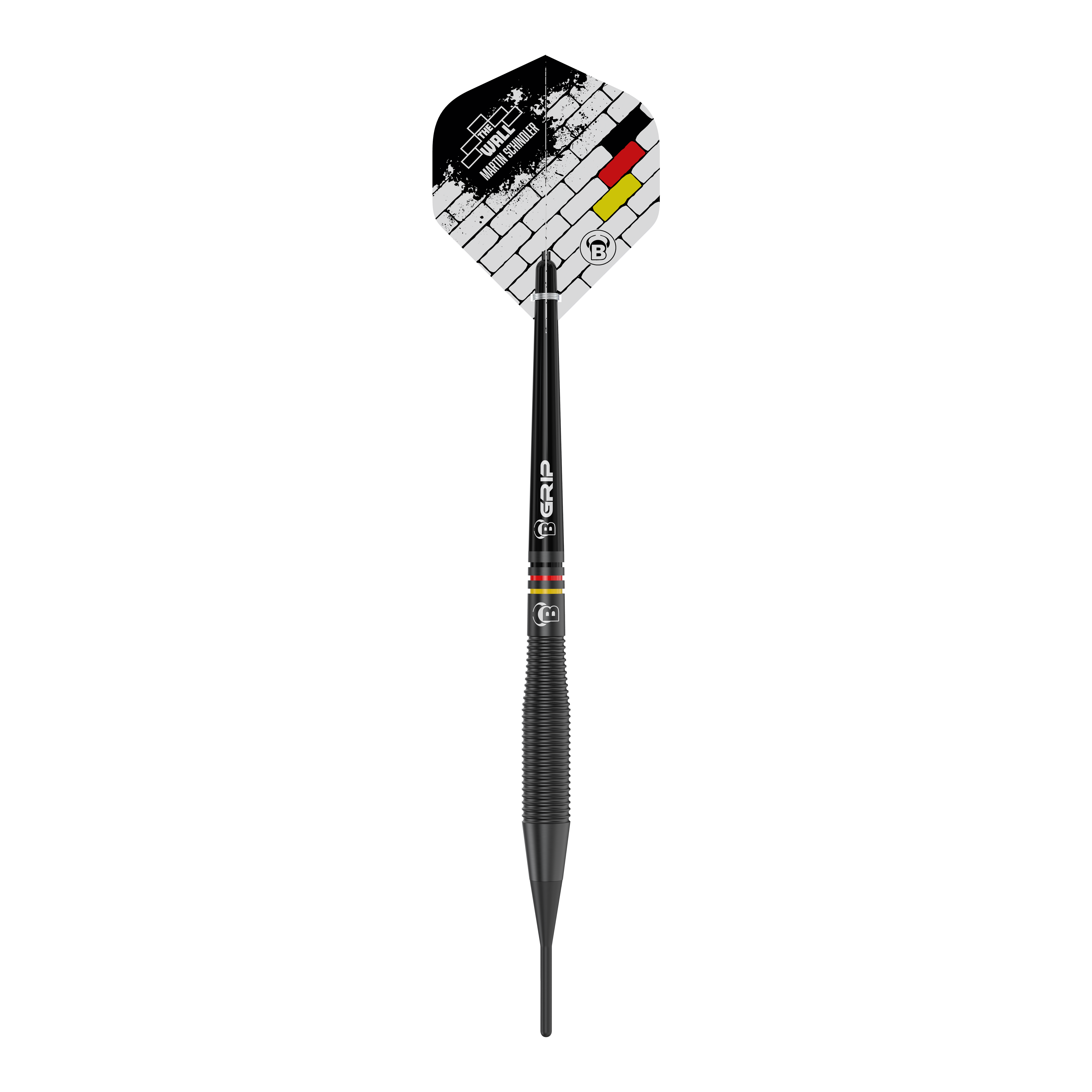 Bulls Martin Schindler The Wall freccette morbide in ottone nero - 18 g Dies ist ein schwarzer Softdart namens "Bulls Martin Schindler The Wall Black Brass" mit einem Gewicht von 18 Gramm. Auf dem Flight sind ein Mauer-Design und die Farben der deutschen Flagge zu sehen.