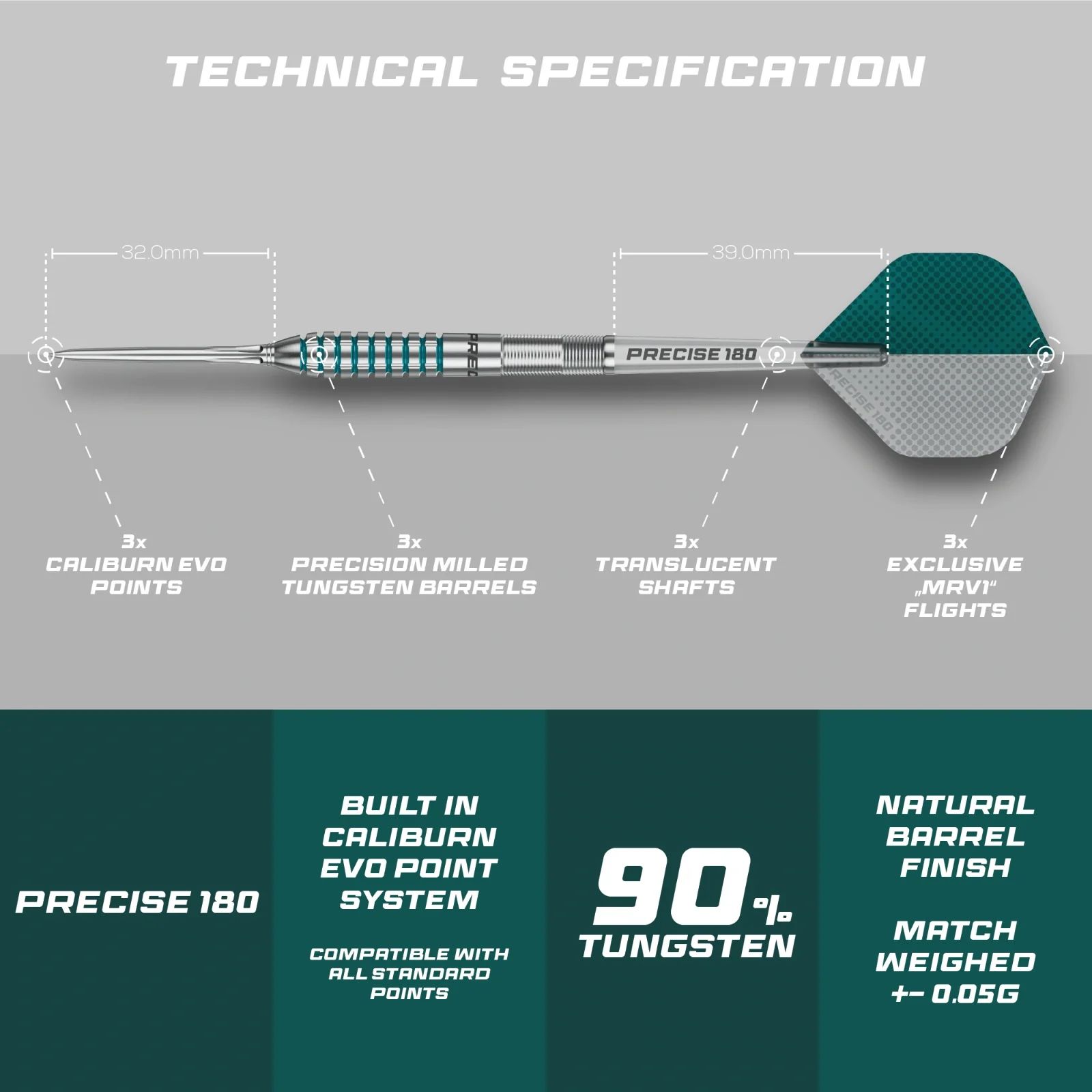 Freccette in acciaio Precise 180 MRV1 Die Abbildung zeigt die Precise 180 MRV1 Steeldarts mit einem Gewicht von 23g. Es handelt sich um hochwertige Steeldarts für präzises Dartspiel.