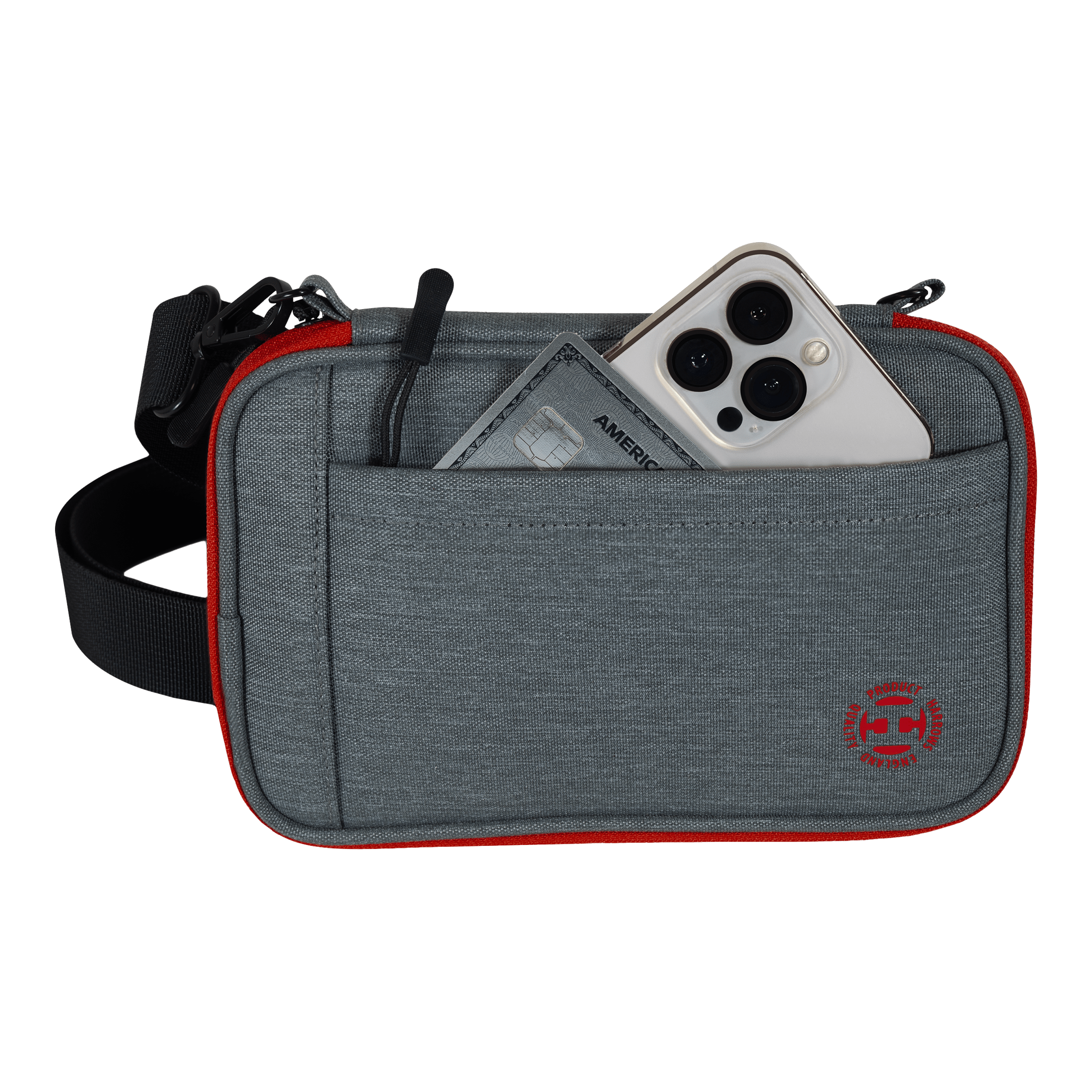 Portafoglio per freccette Harrows Smart Case XL Das Bild zeigt eine graue Tasche mit rotem Rand und einem schwarzen Gurt. In der Vordertasche stecken ein Smartphone und eine Kreditkarte.