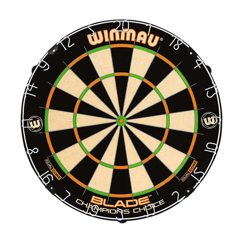 3023_Winmau_Champions_Choice_DualCore_Dartboard_1yDetmwaptBObx Winmau Champions Choice DualCore Dartboard aus Vorderansicht. Sektoren und Zahlen sind klar strukturiert.