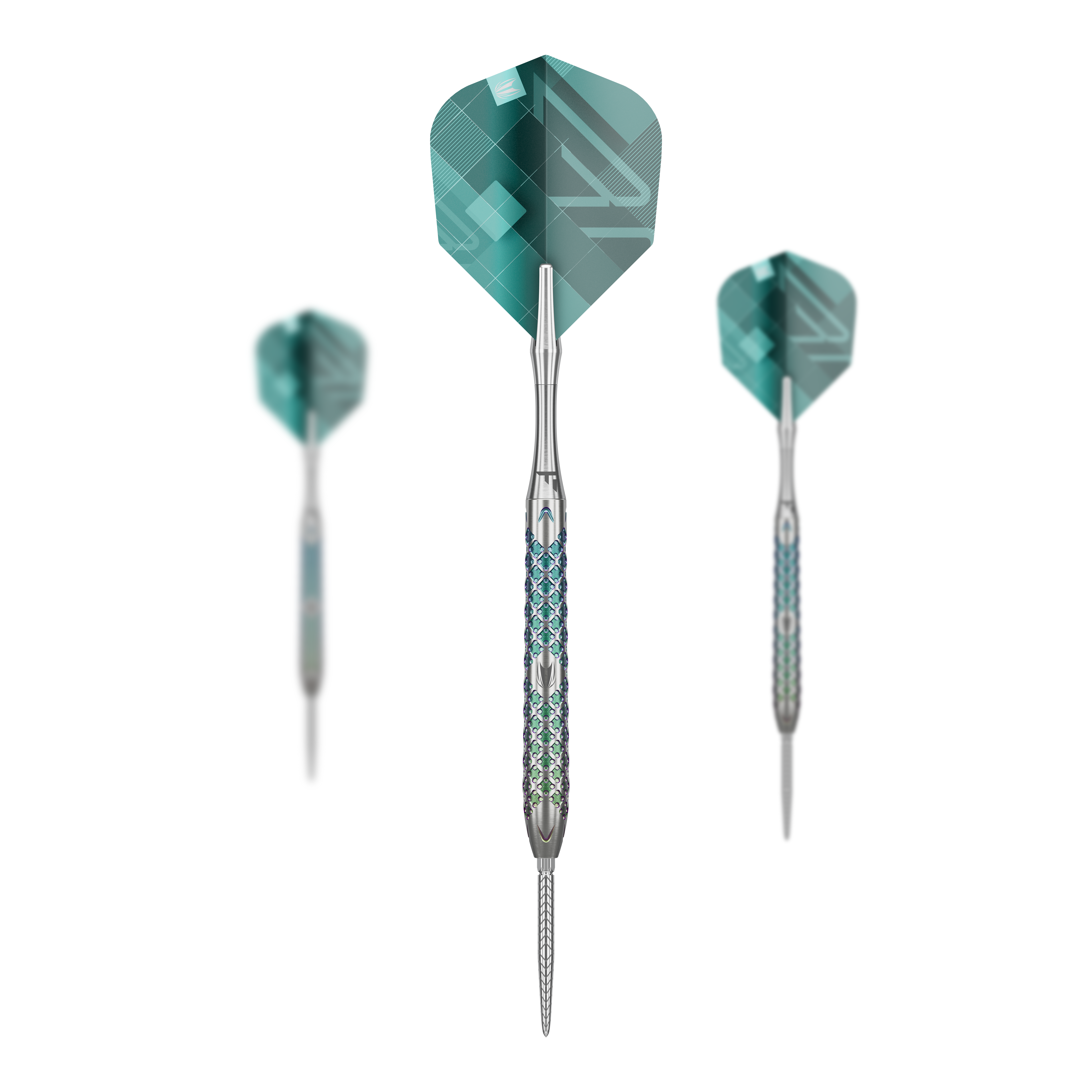 Freccette in acciaio Target Rove 03 Swiss Point Das Bild zeigt drei Target Rove 03 Swiss Point Steeldarts mit silbernem Schaft und blauen Akzenten. Die Flights sind grün-blau gemustert und die Darts stehen vor einem schwarzen Hintergrund.