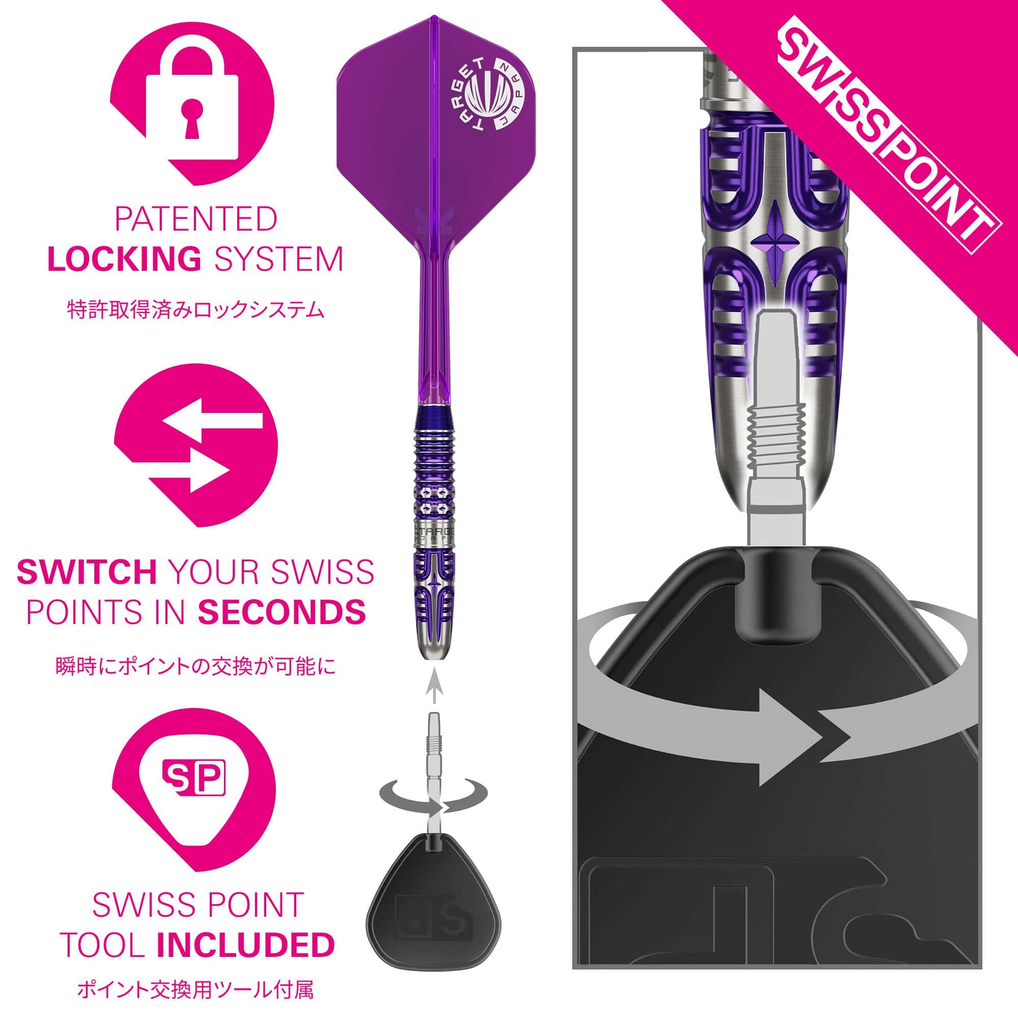 Dardi in acciaio Target Japan Endeavor Kasumi Sato GEN3 Swiss Point Hier sind die Target Japan Endeavour Kasumi Sato GEN3 Swiss Point Steeldarts zu sehen. Die Aufnahme zeigt die Darts aus einer Detailperspektive.