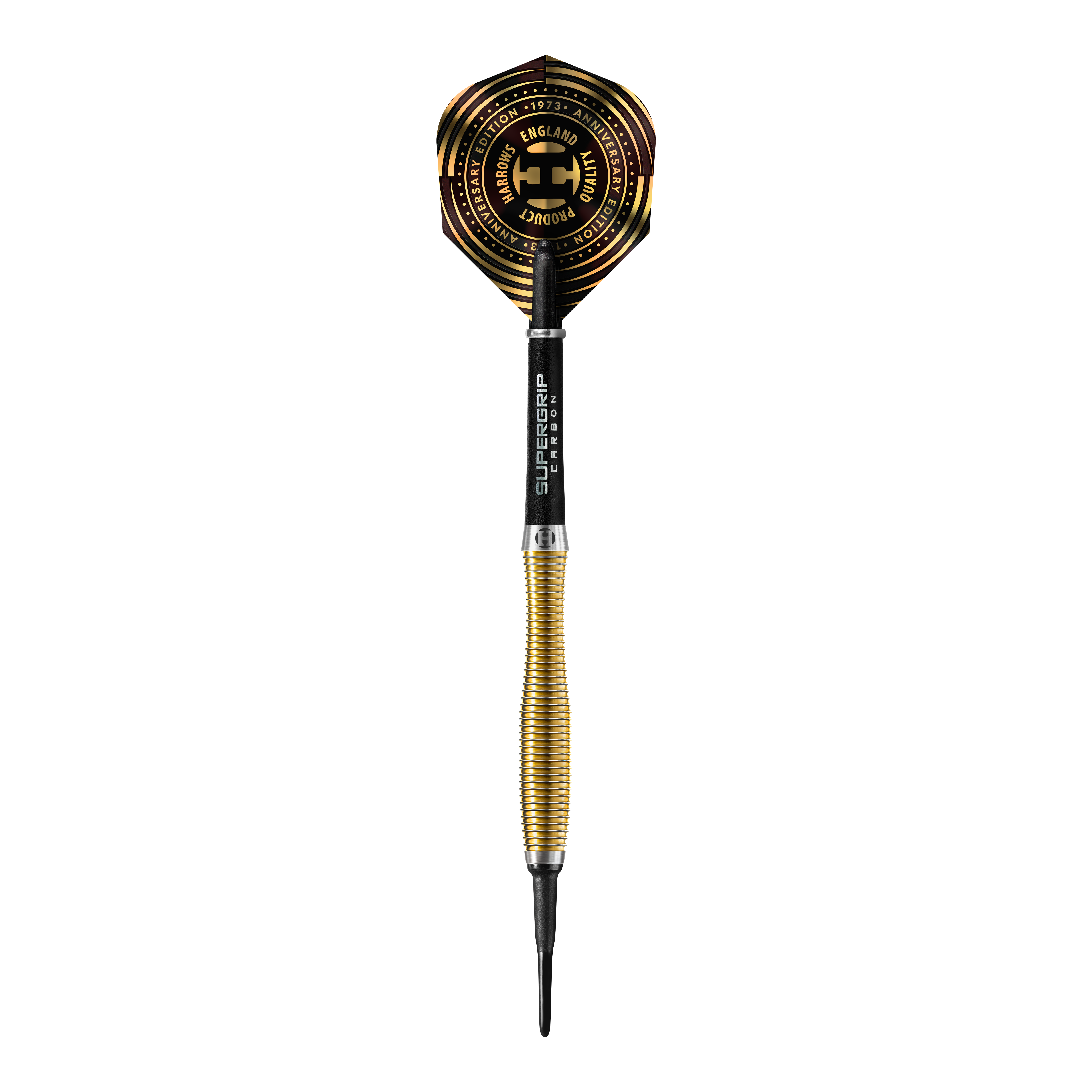 Freccette morbide V-Wing Harrows Anniversary Edition - 18 g Das Bild zeigt einen Harrows Anniversary Edition V-Wing Softdart mit einem Gewicht von 18g. Der Dartpfeil hat einen goldfarbenen, gerillten Schaft und ein auffälliges Flight-Design in Schwarz und Gold.