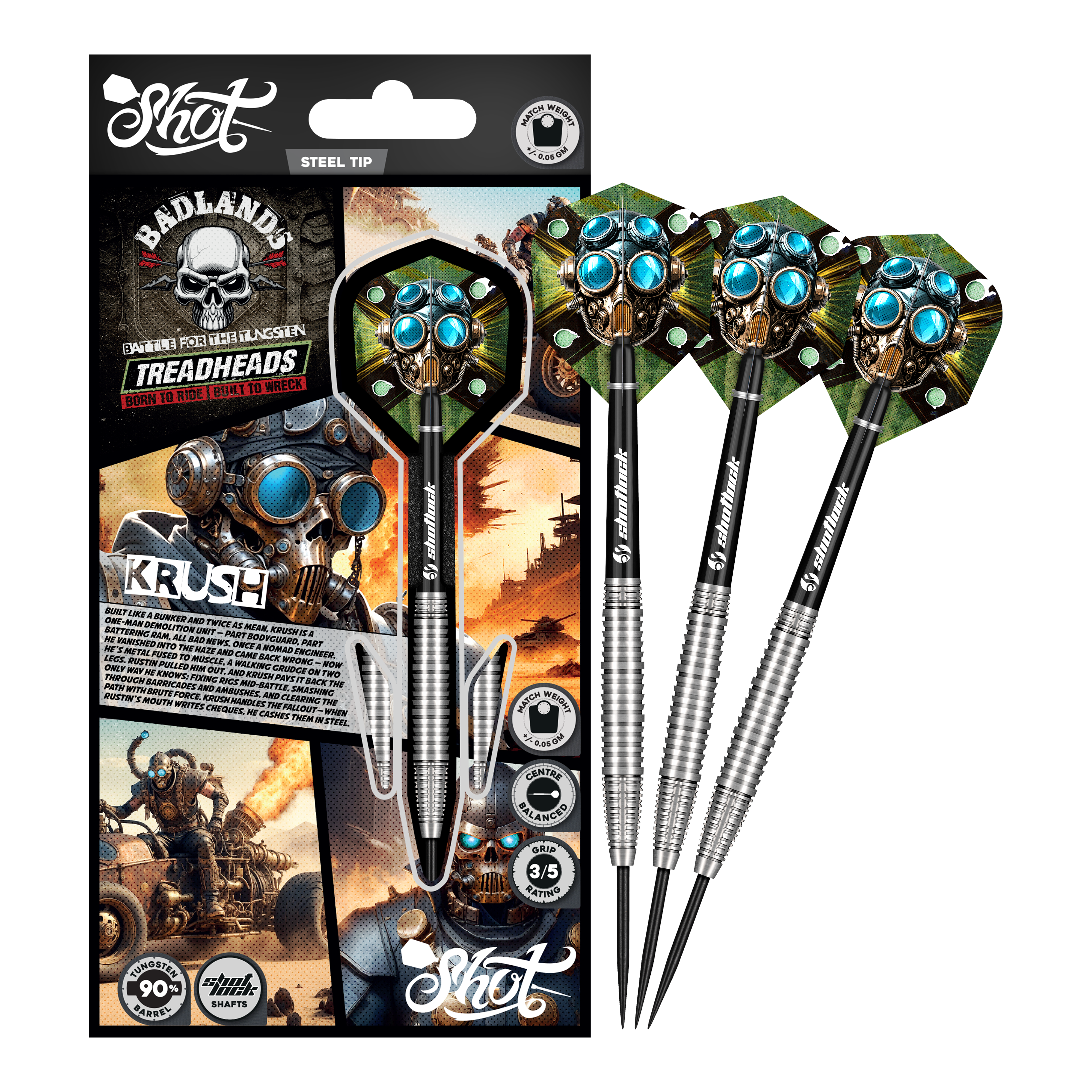 Freccette in acciaio Shot Badlands Krush Dargestellt ist das komplette Shot Badlands Krush Steeldarts Set. Das Produkt ist ideal zum gezielten Werfen.