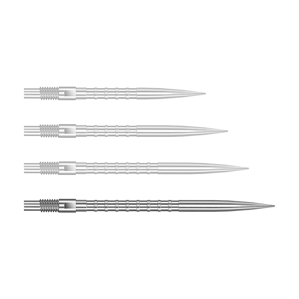 Zu sehen ist eine silberne Dartspitze Quick Point Heavy Metal Grip mit 40 mm Länge. Die Spitze ist detailliert abgebildet.