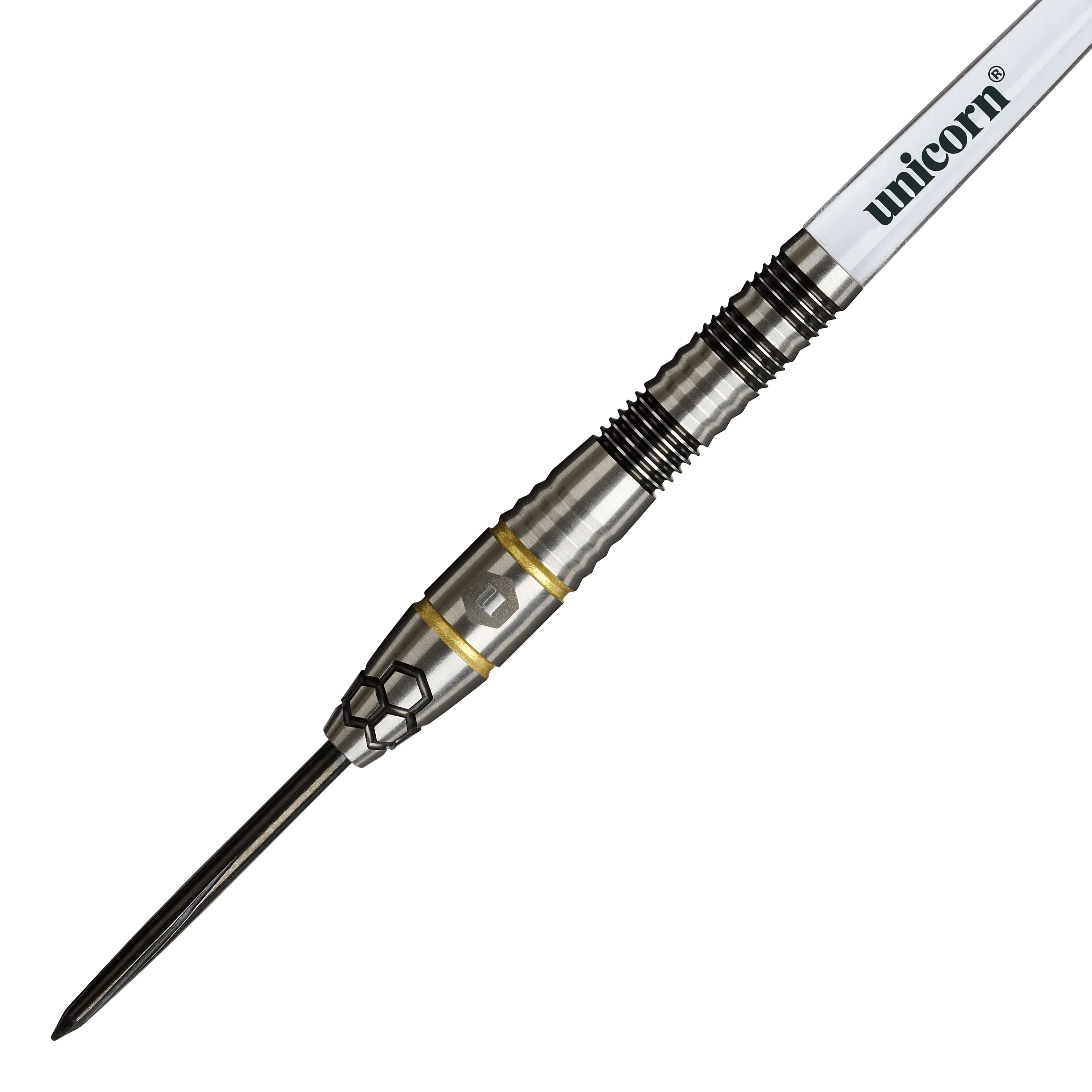 Freccette in acciaio Unicorn Hexium Style 01 nere e oro Auf diesem Foto sind die Unicorn Hexium Style 01 Black & Gold Steeldarts zu sehen. Die Darts heben sich durch ihr elegantes Design in Schwarz und Gold hervor.